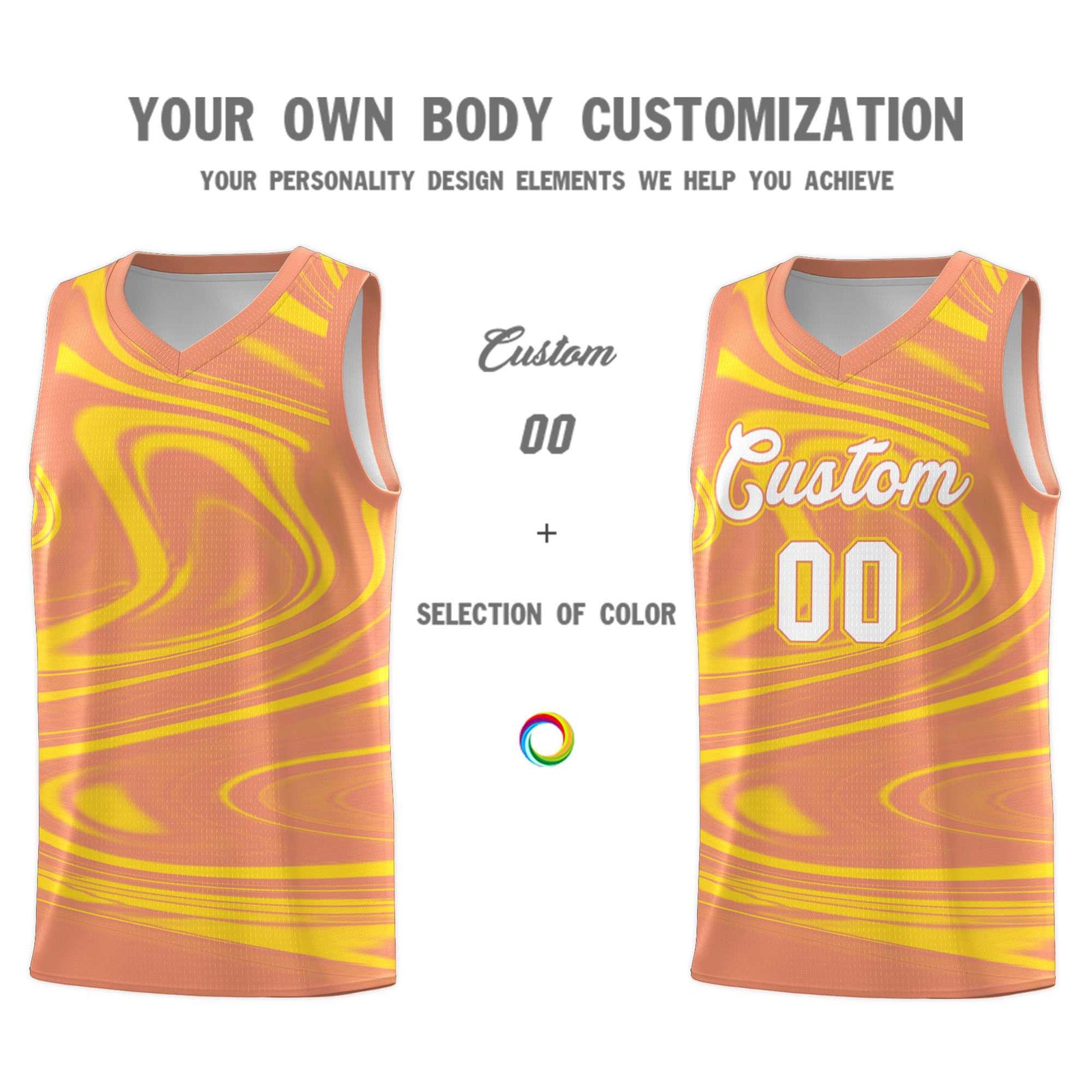 Custom Light Orange Gold Graffiti Pattern Fluids Style Sports Uniform Basketball Jersey Sets
