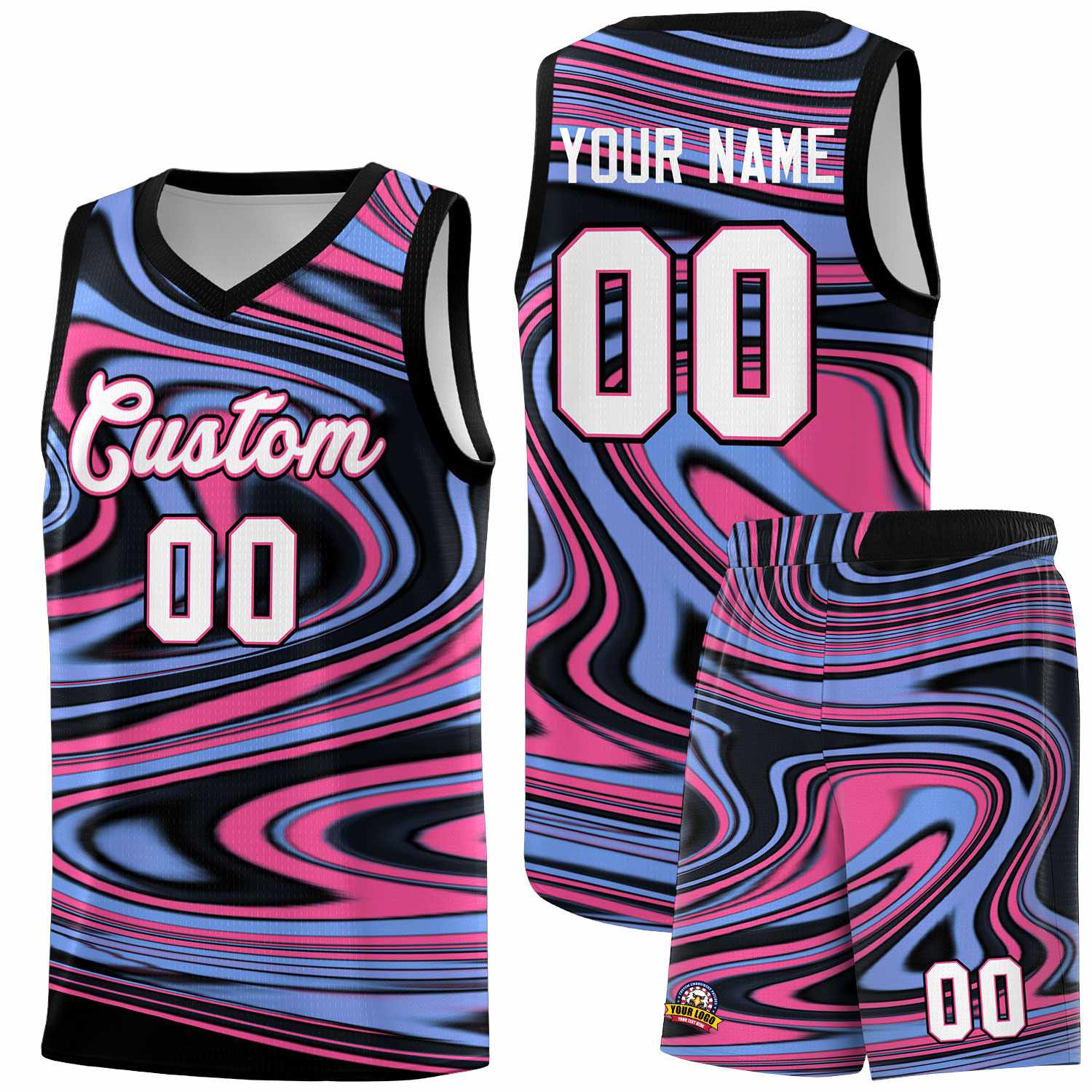 Custom Black Light Blue Graffiti Pattern Fluids Style Sports Uniform Basketball Jersey Sets