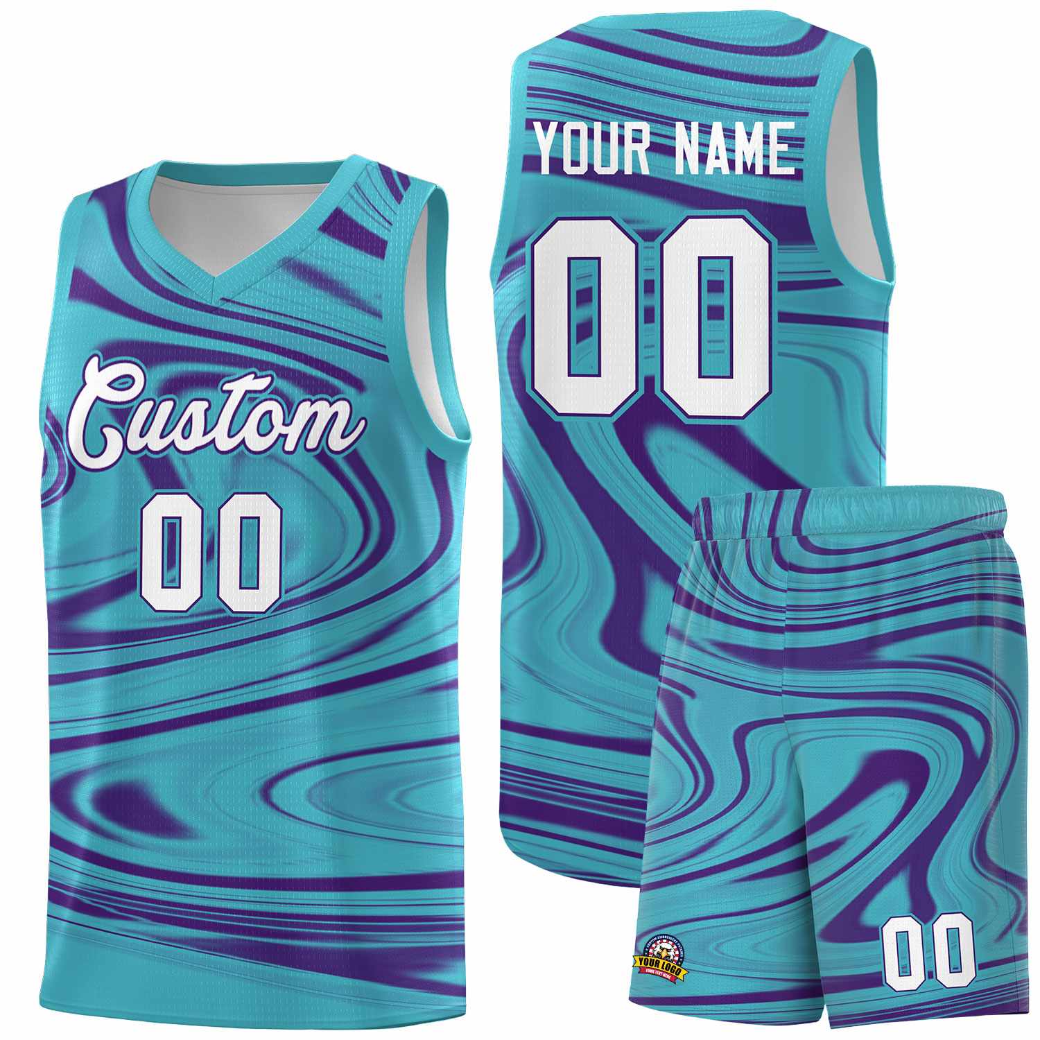 Custom Aqua Purple Graffiti Pattern Fluids Style Sports Uniform Basketball Jersey Sets