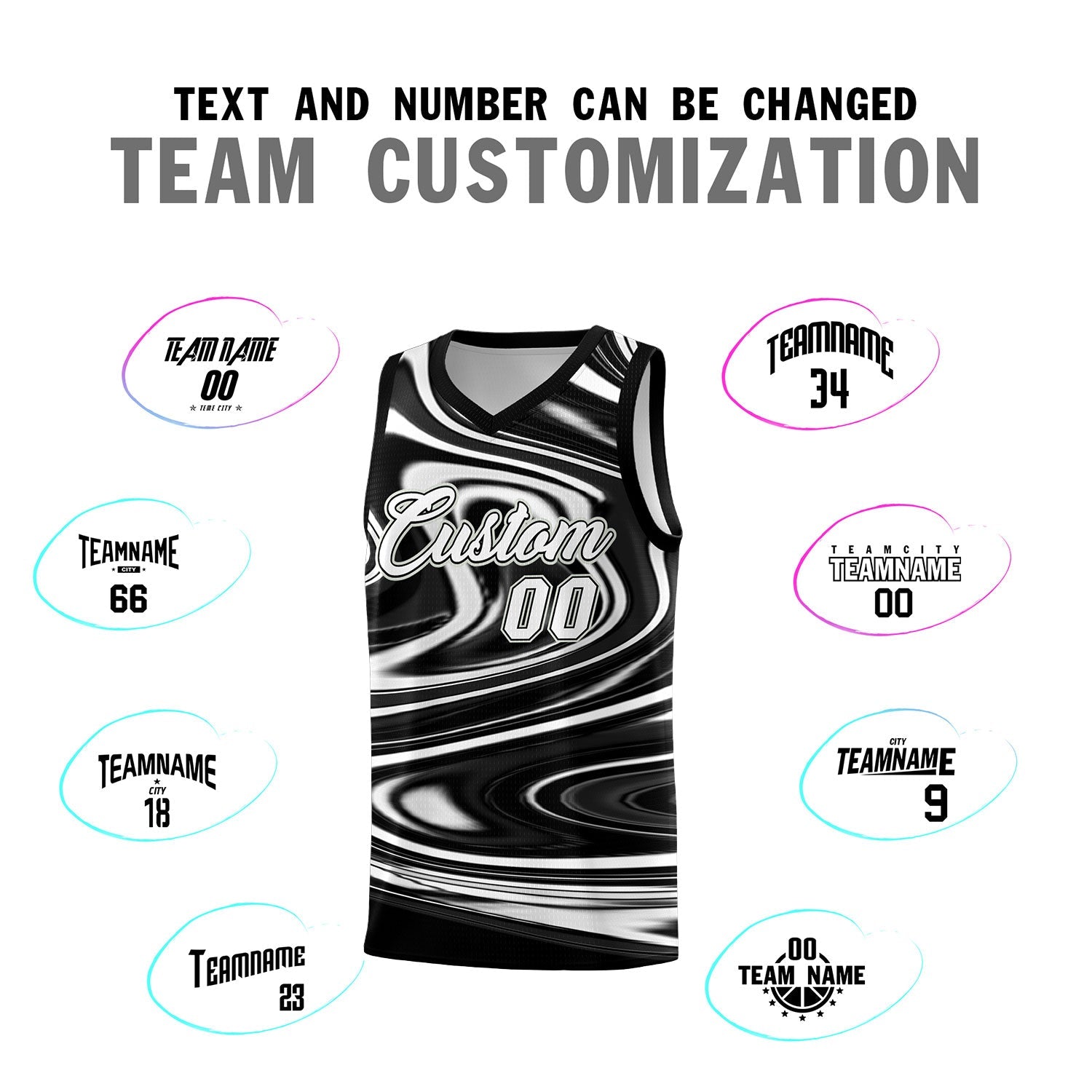 Custom Black White Graffiti Pattern Fluids Style Sports Uniform Basketball Jersey Sets