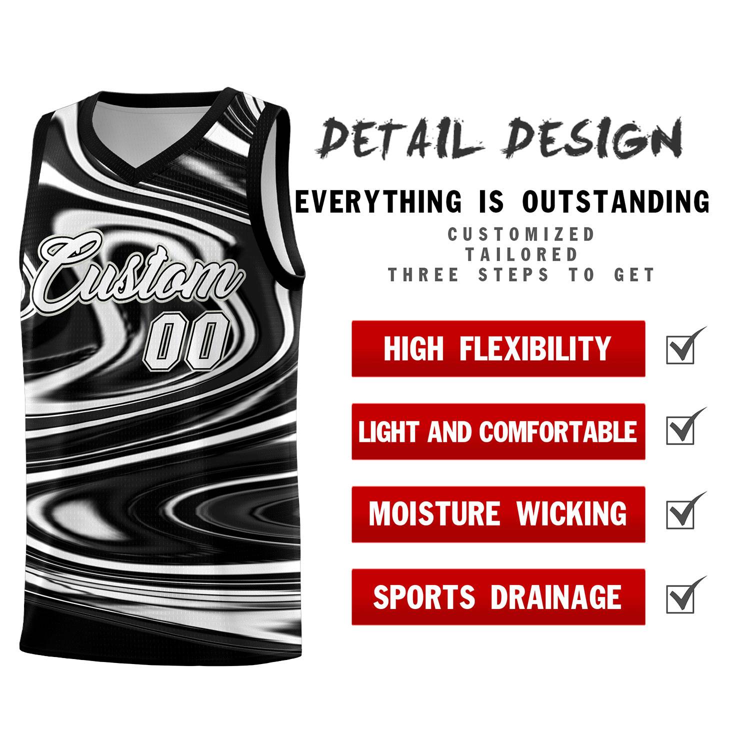 Custom Black White Graffiti Pattern Fluids Style Sports Uniform Basketball Jersey Sets