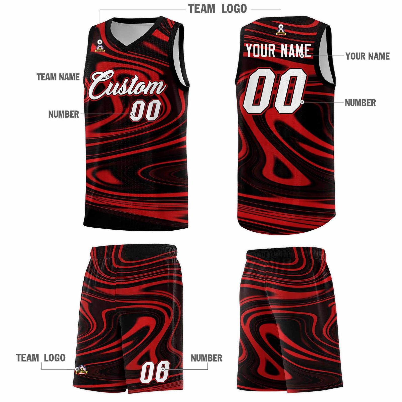 Custom Black Red Graffiti Pattern Fluids Style Sports Uniform Basketball Jersey Sets
