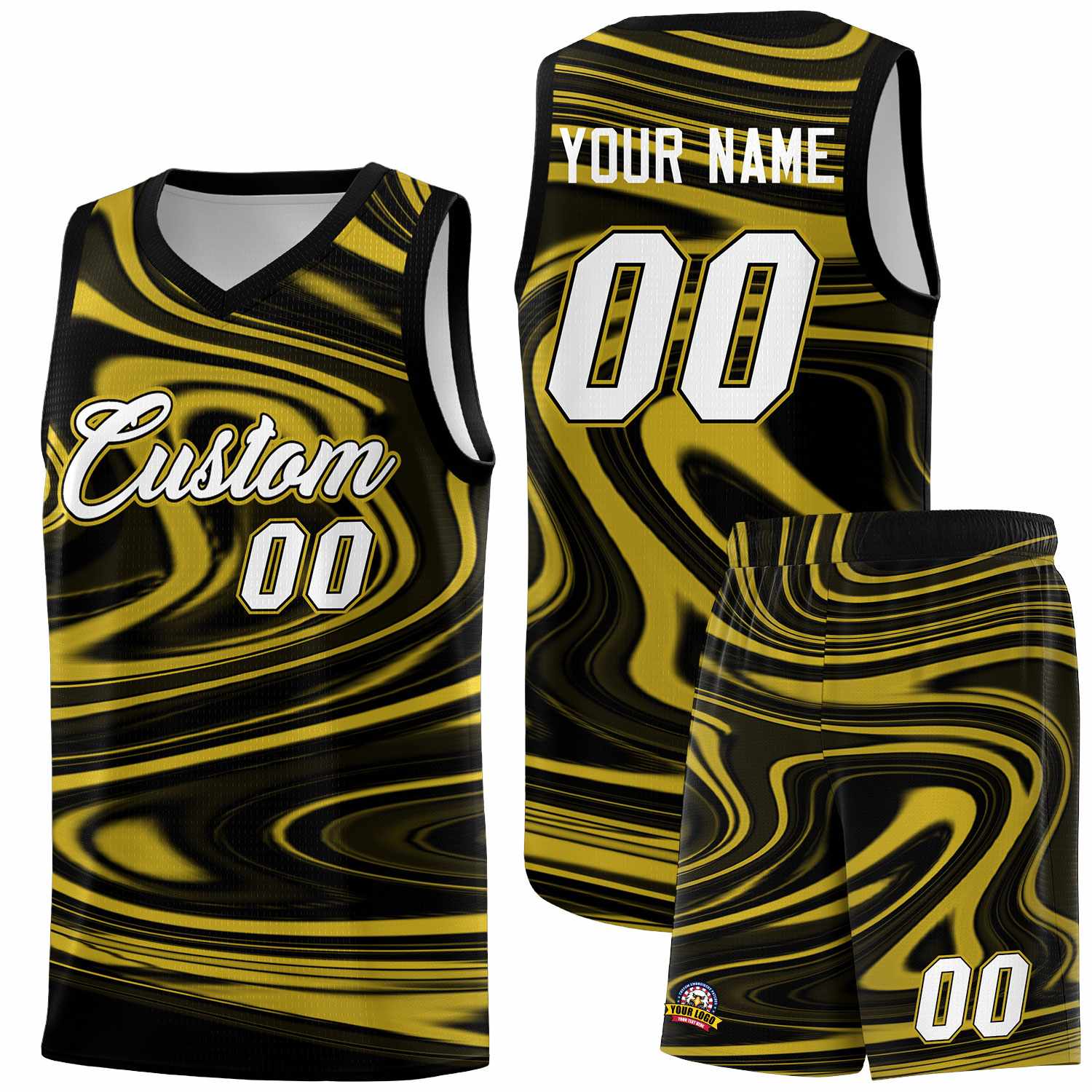 Custom Black Old Gold Graffiti Pattern Fluids Style Sports Uniform Basketball Jersey Sets