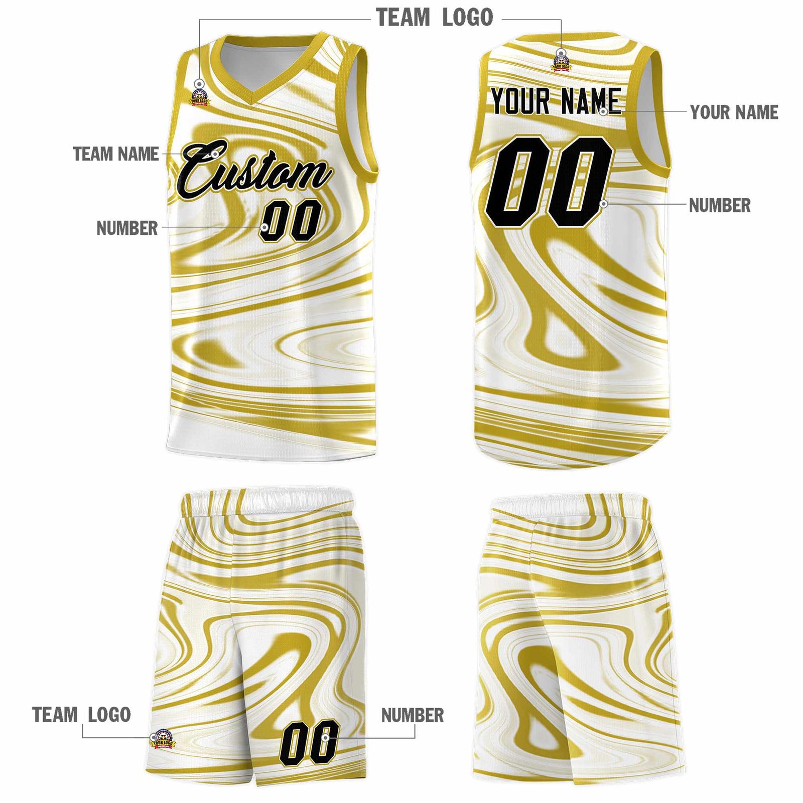 Custom White Old Gold Graffiti Pattern Fluids Style Sports Uniform Basketball Jersey Sets