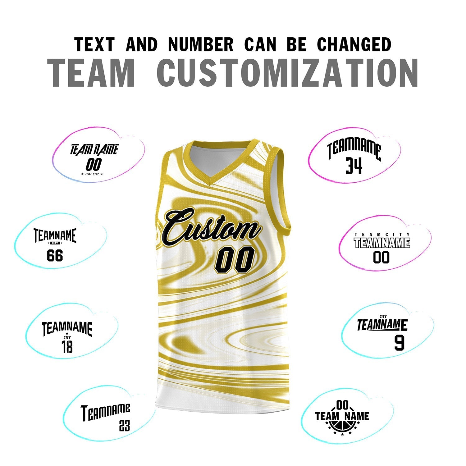 Custom White Old Gold Graffiti Pattern Fluids Style Sports Uniform Basketball Jersey Sets