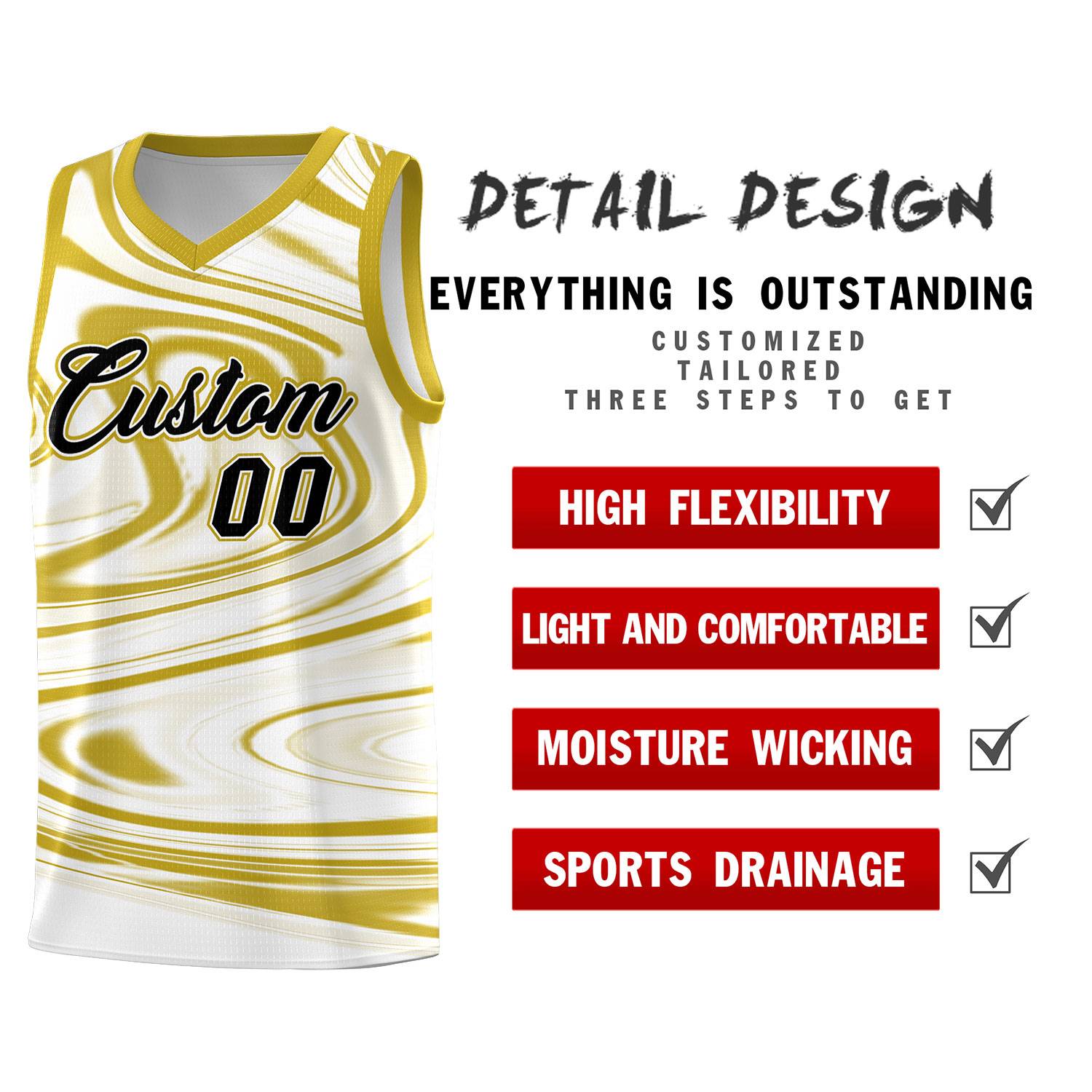 Custom White Old Gold Graffiti Pattern Fluids Style Sports Uniform Basketball Jersey Sets