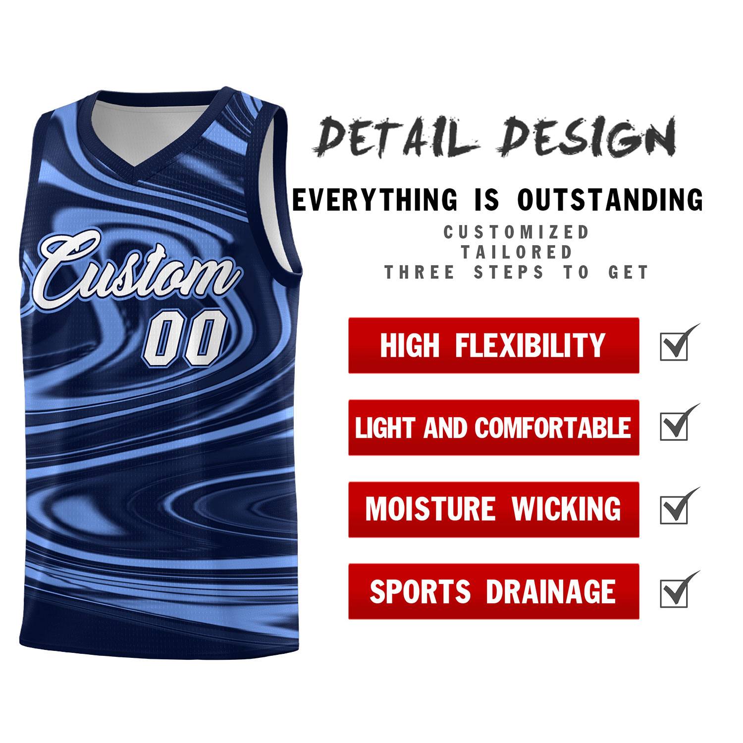 Custom Navy Light Blue Graffiti Pattern Fluids Style Sports Uniform Basketball Jersey Sets