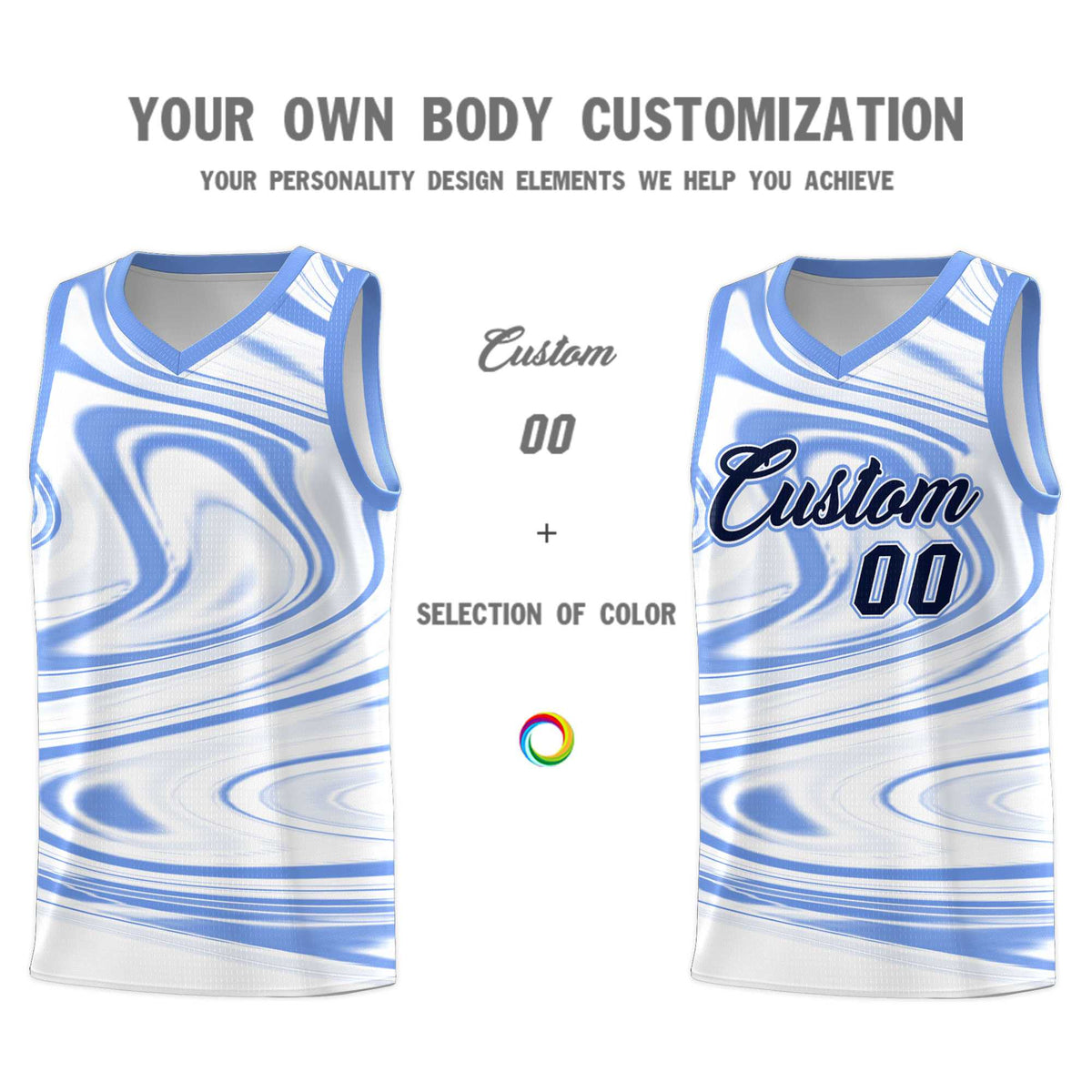 Custom White Light Blue Graffiti Pattern Fluids Style Sports Uniform Basketball Jersey Sets