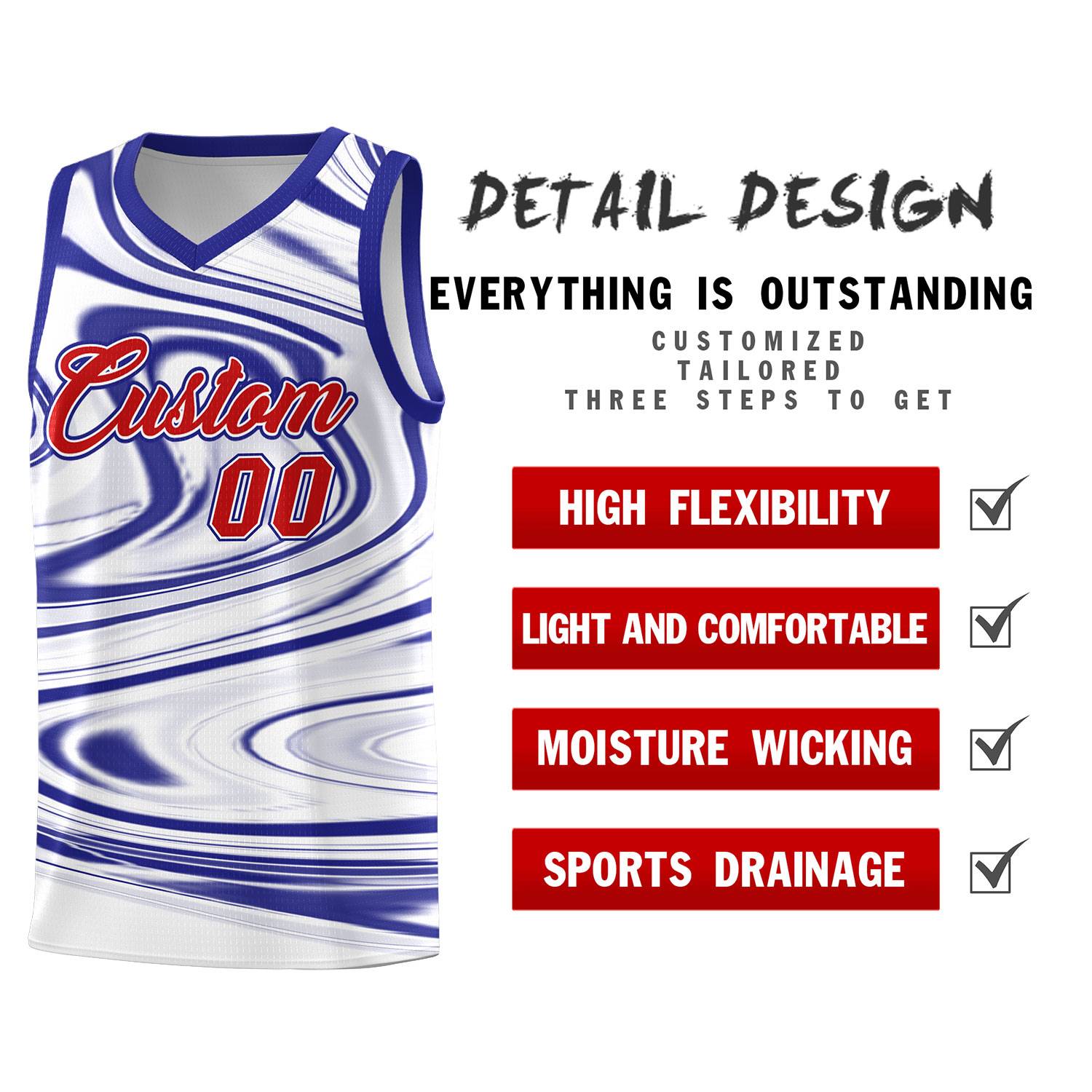 Custom White Royal Graffiti Pattern Fluids Style Sports Uniform Basketball Jersey Sets