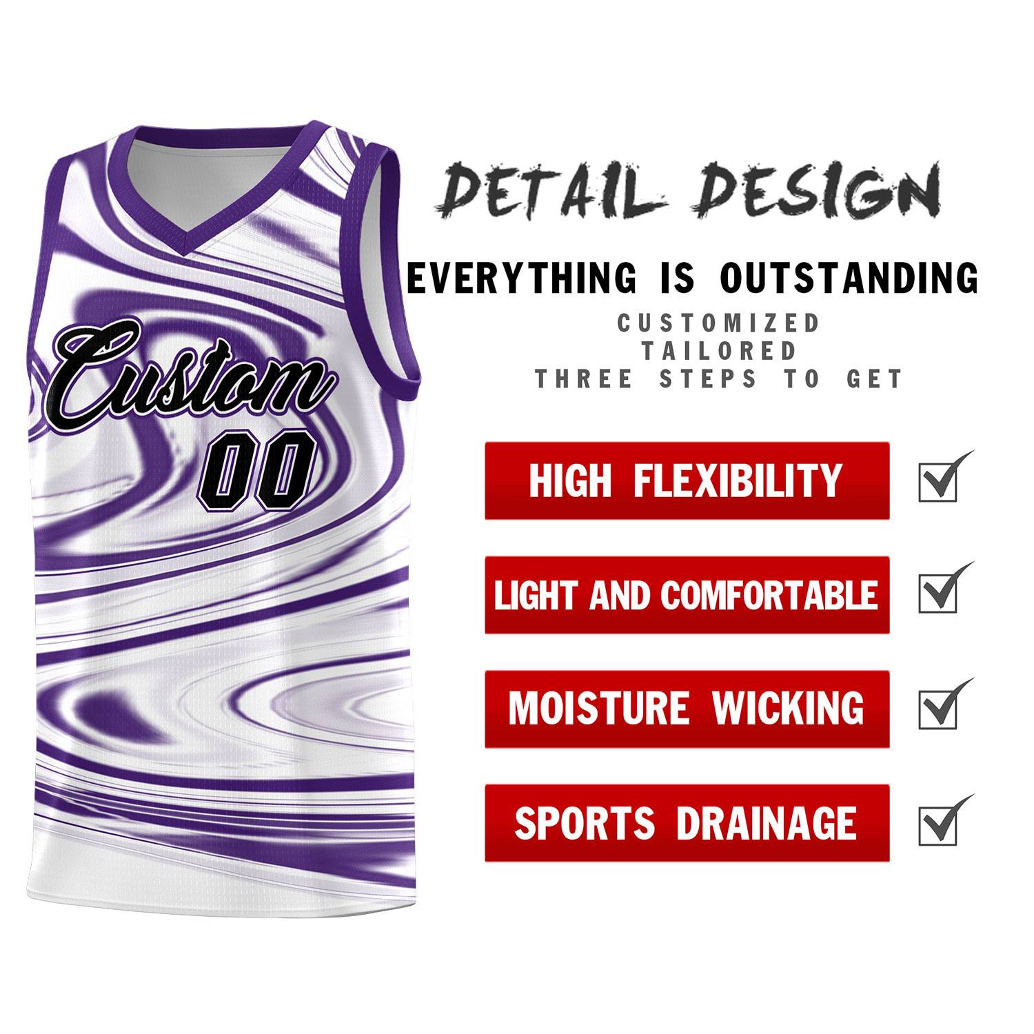 Custom White Purple Graffiti Pattern Fluids Style Sports Uniform Basketball Jersey Sets