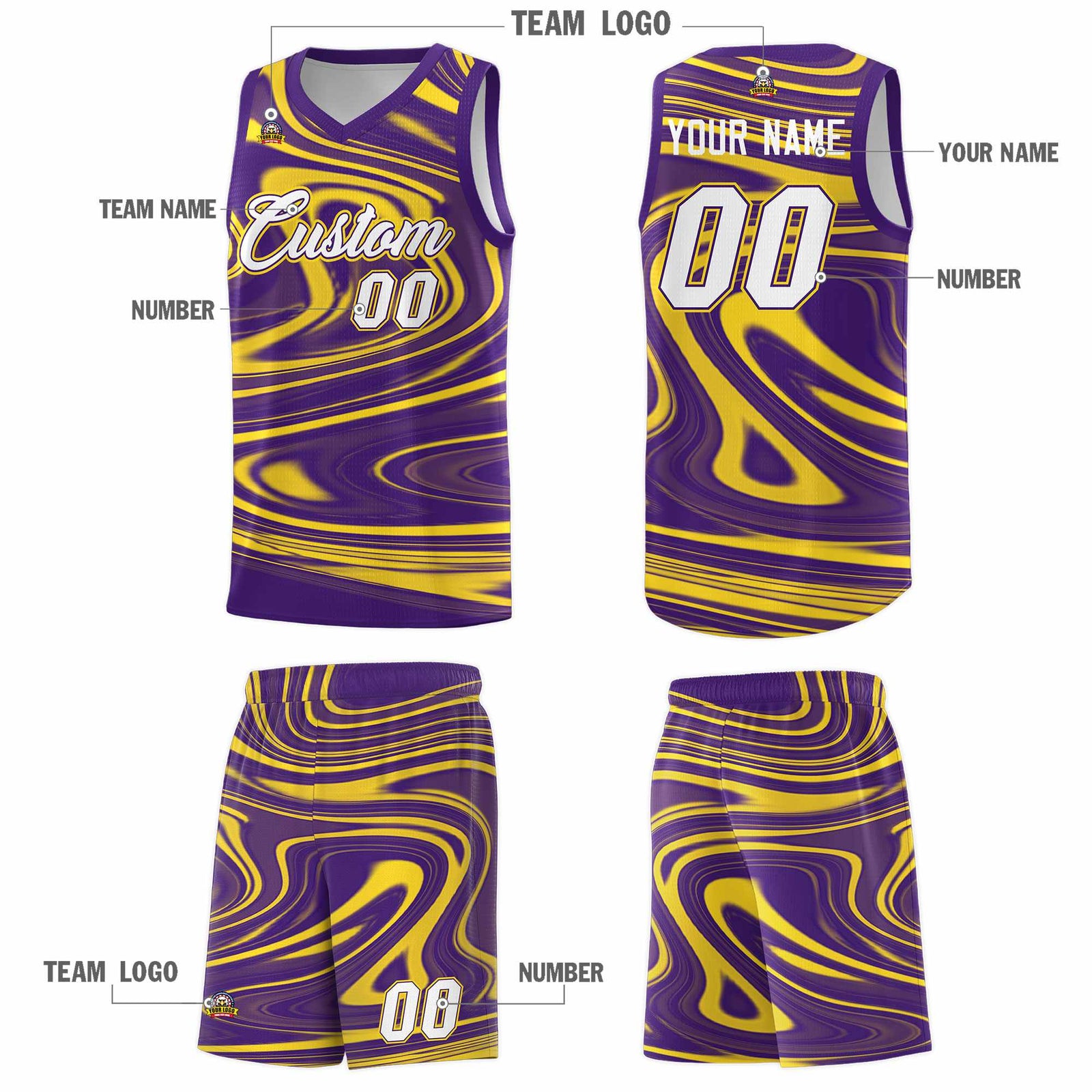 Custom Purple Gold Graffiti Pattern Fluids Style Sports Uniform Basketball Jersey Sets