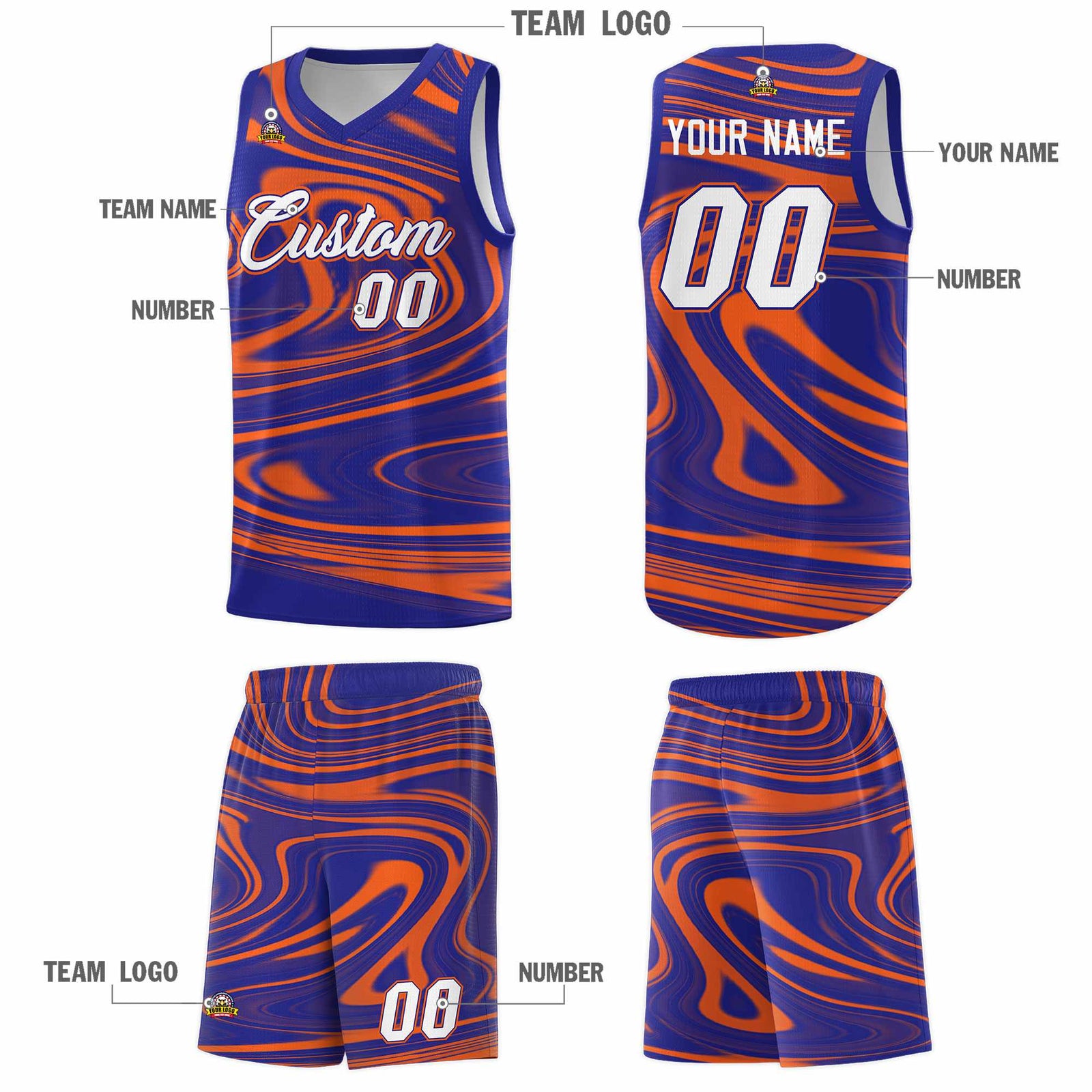 Custom Royal Orange Graffiti Pattern Fluids Style Sports Uniform Basketball Jersey Sets