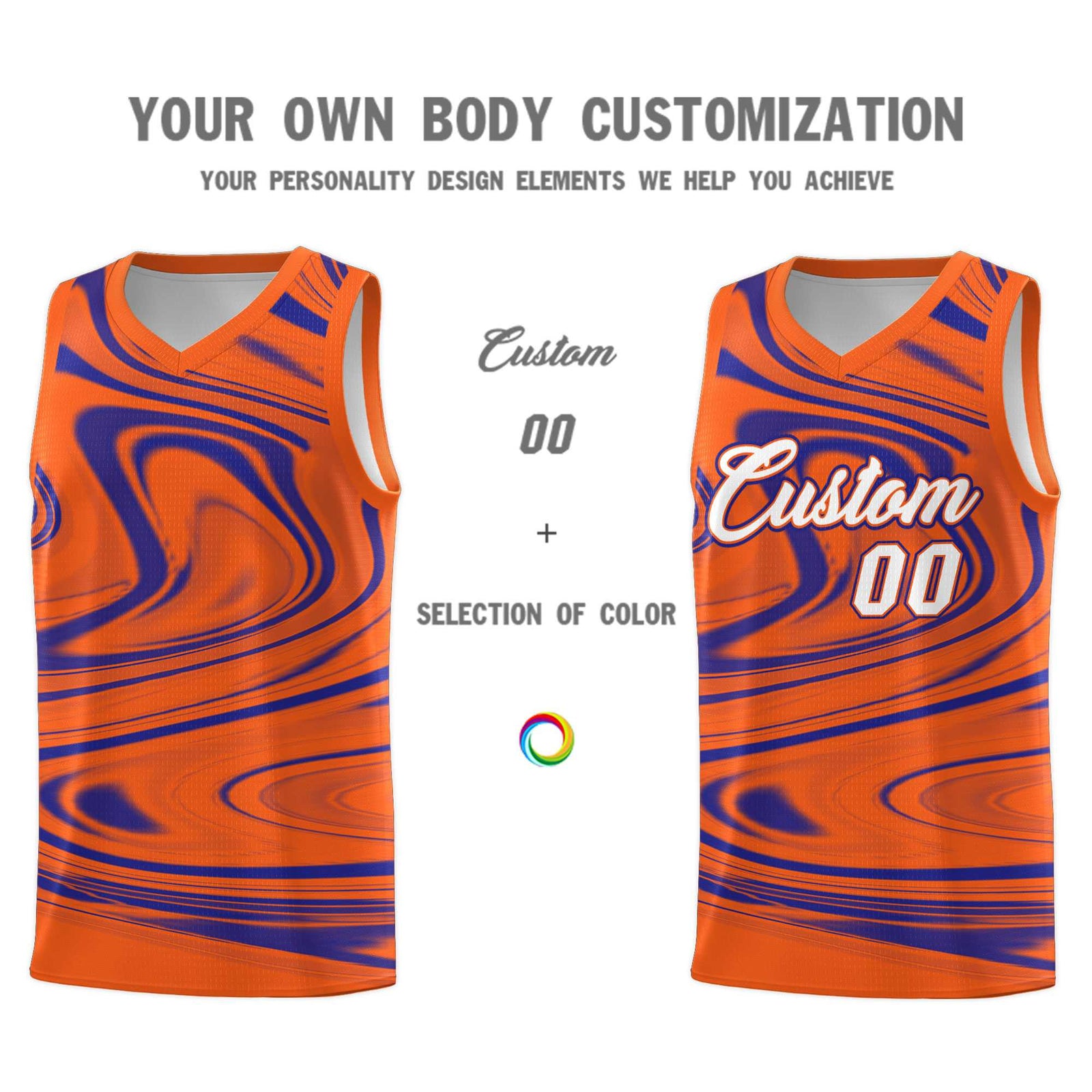 Custom Orange Royal Graffiti Pattern Fluids Style Sports Uniform Basketball Jersey Sets