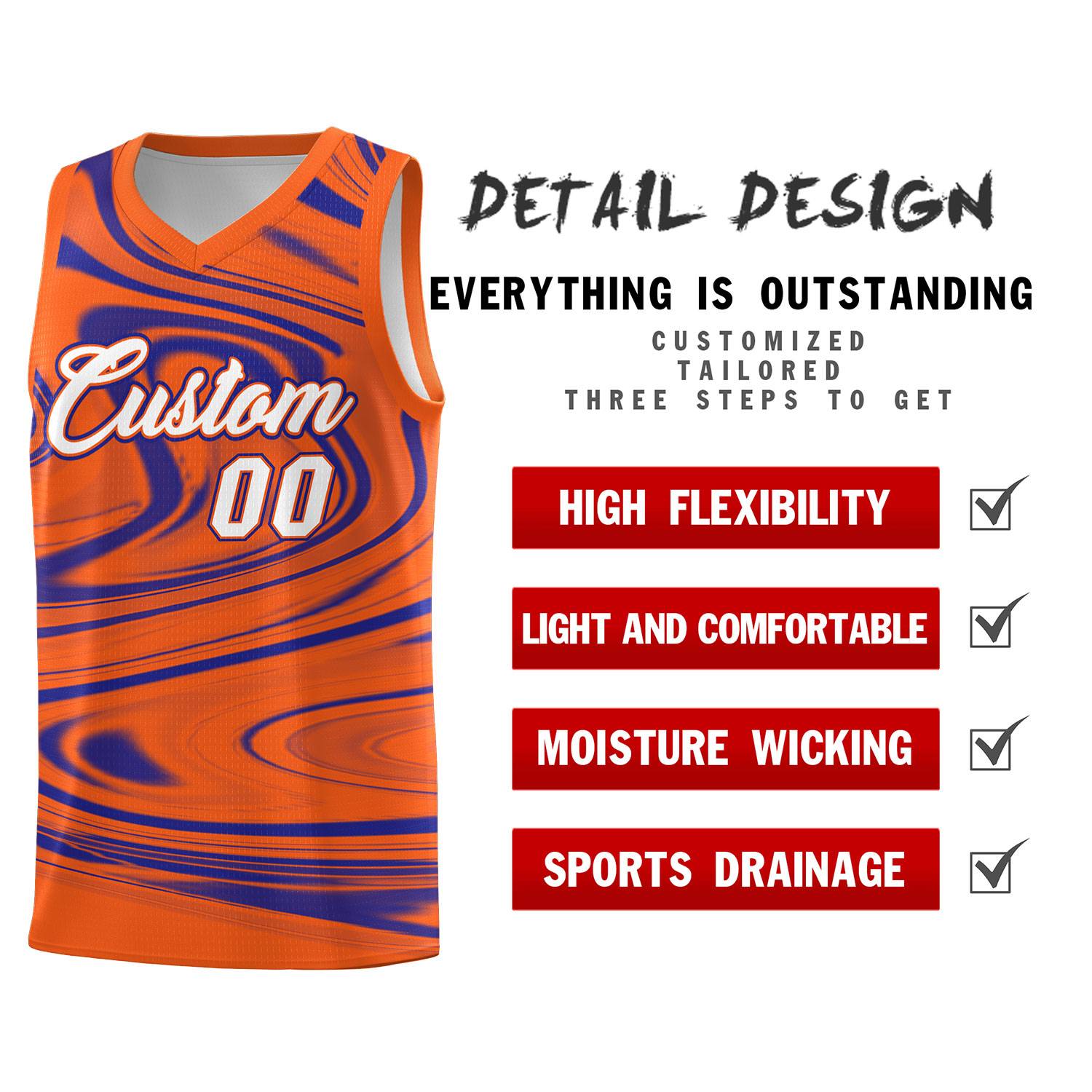 Custom Orange Royal Graffiti Pattern Fluids Style Sports Uniform Basketball Jersey Sets
