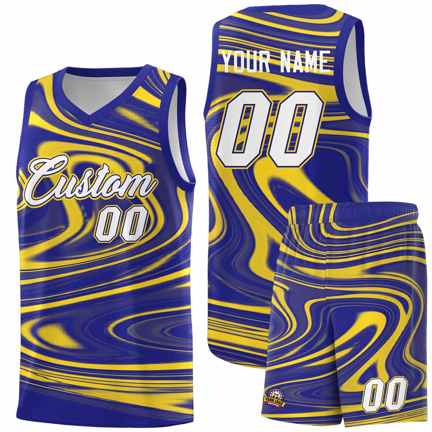 Custom Royal Gold Graffiti Pattern Fluids Style Sports Uniform Basketball Jersey Sets