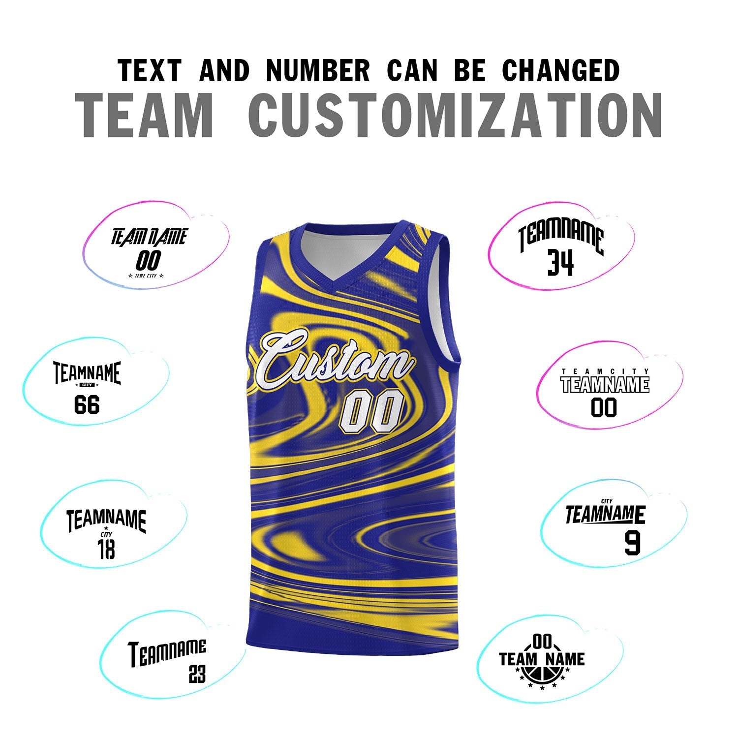 Custom Royal Gold Graffiti Pattern Fluids Style Sports Uniform Basketball Jersey Sets