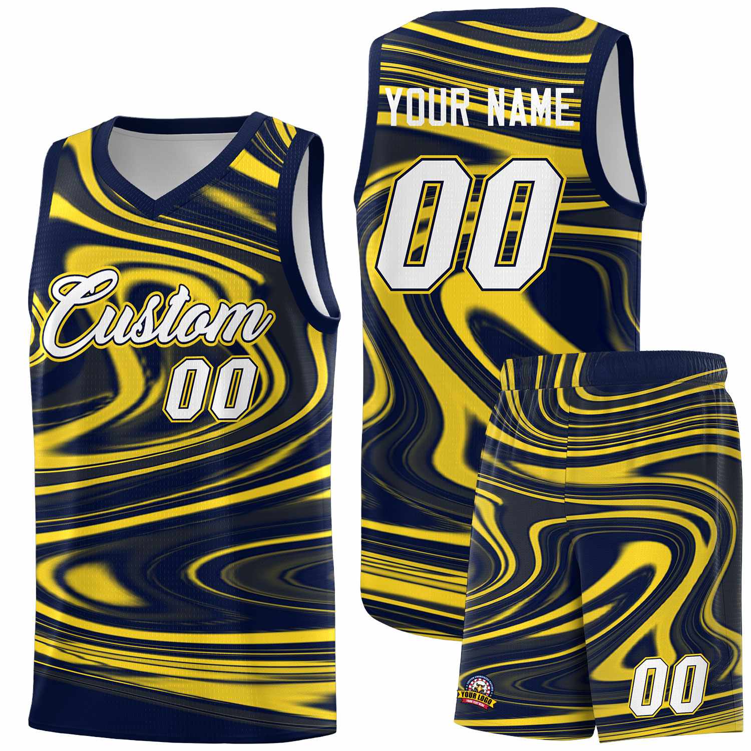 Custom Navy Gold Graffiti Pattern Fluids Style Sports Uniform Basketball Jersey Sets