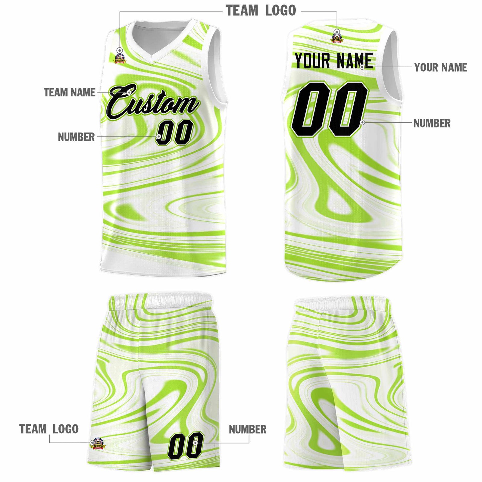 Custom White Light Green Graffiti Pattern Fluids Style Sports Uniform Basketball Jersey Sets
