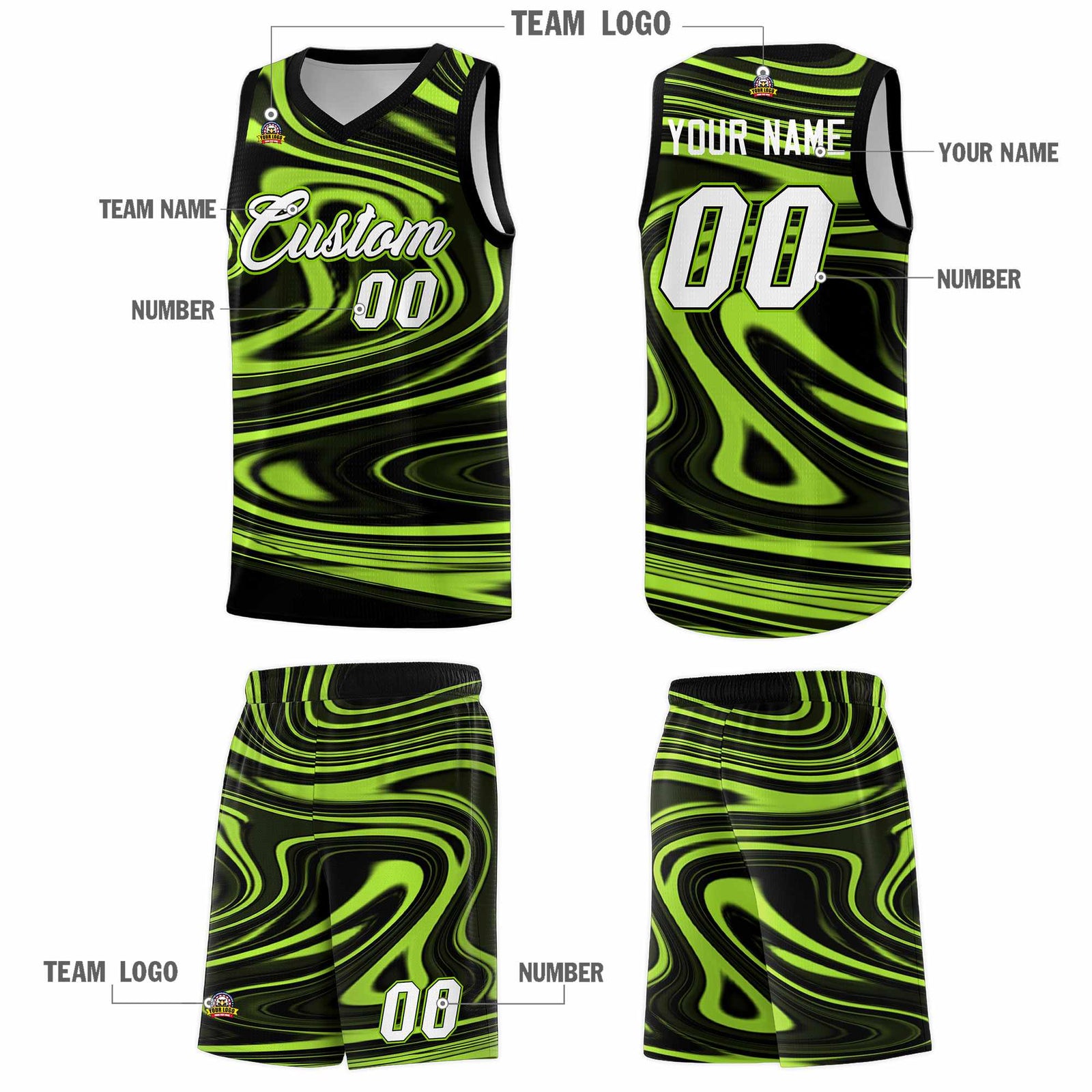 Custom Black Light Green Graffiti Pattern Fluids Style Sports Uniform Basketball Jersey Sets