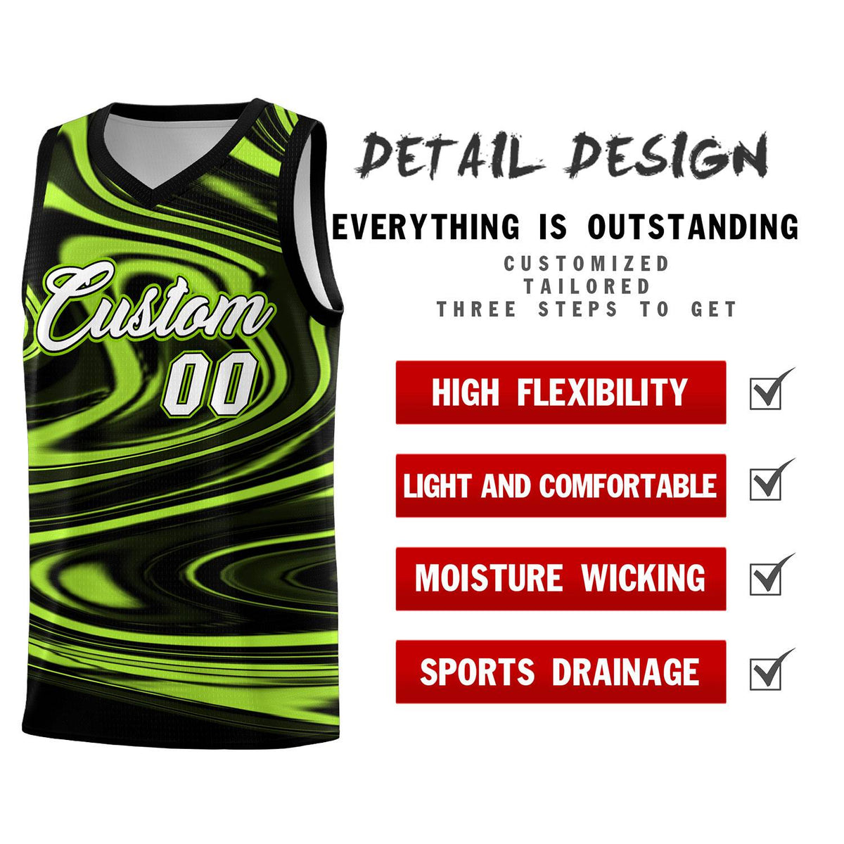 Custom Black Light Green Graffiti Pattern Fluids Style Sports Uniform Basketball Jersey Sets