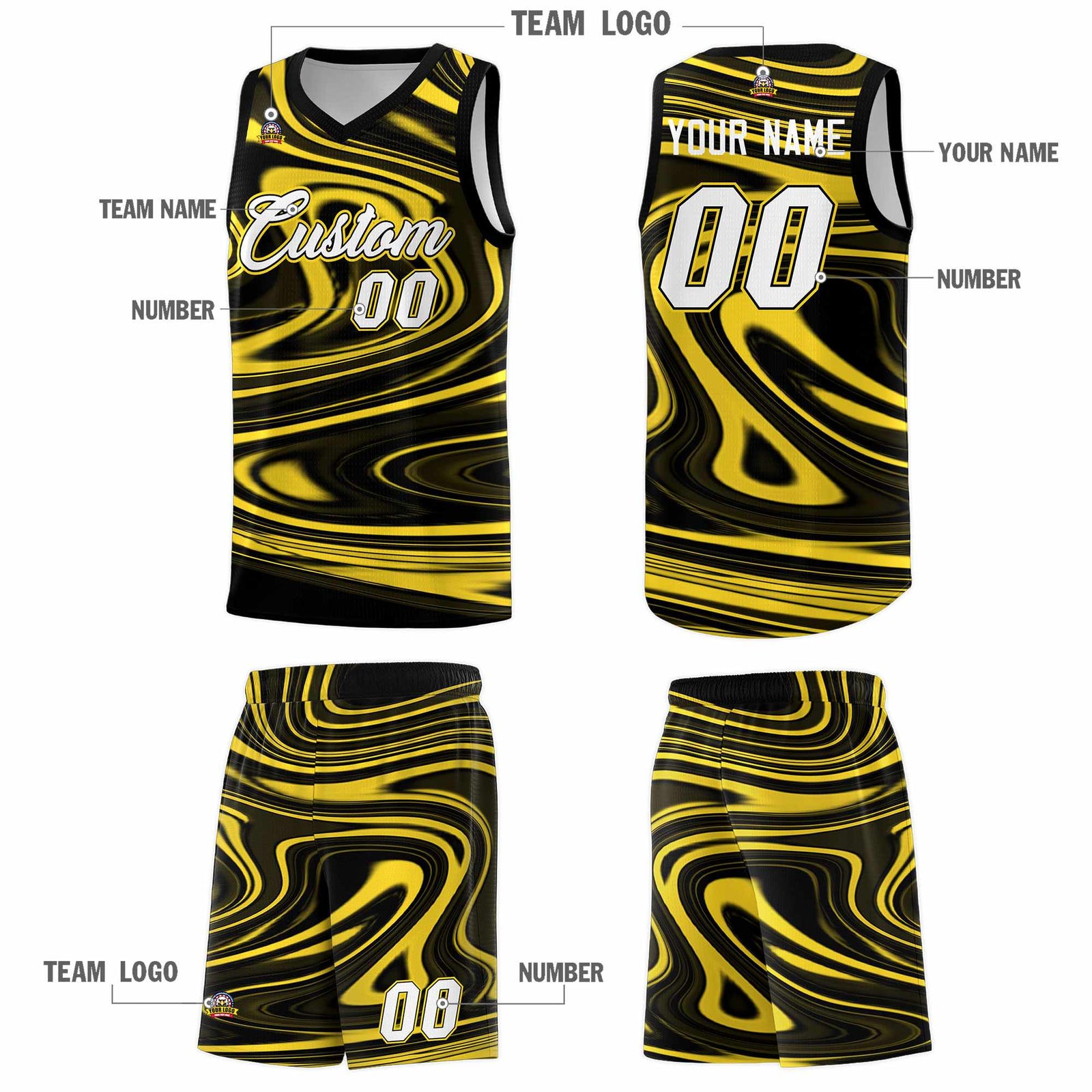 Custom Black Gold Graffiti Pattern Fluids Style Sports Uniform Basketball Jersey Sets