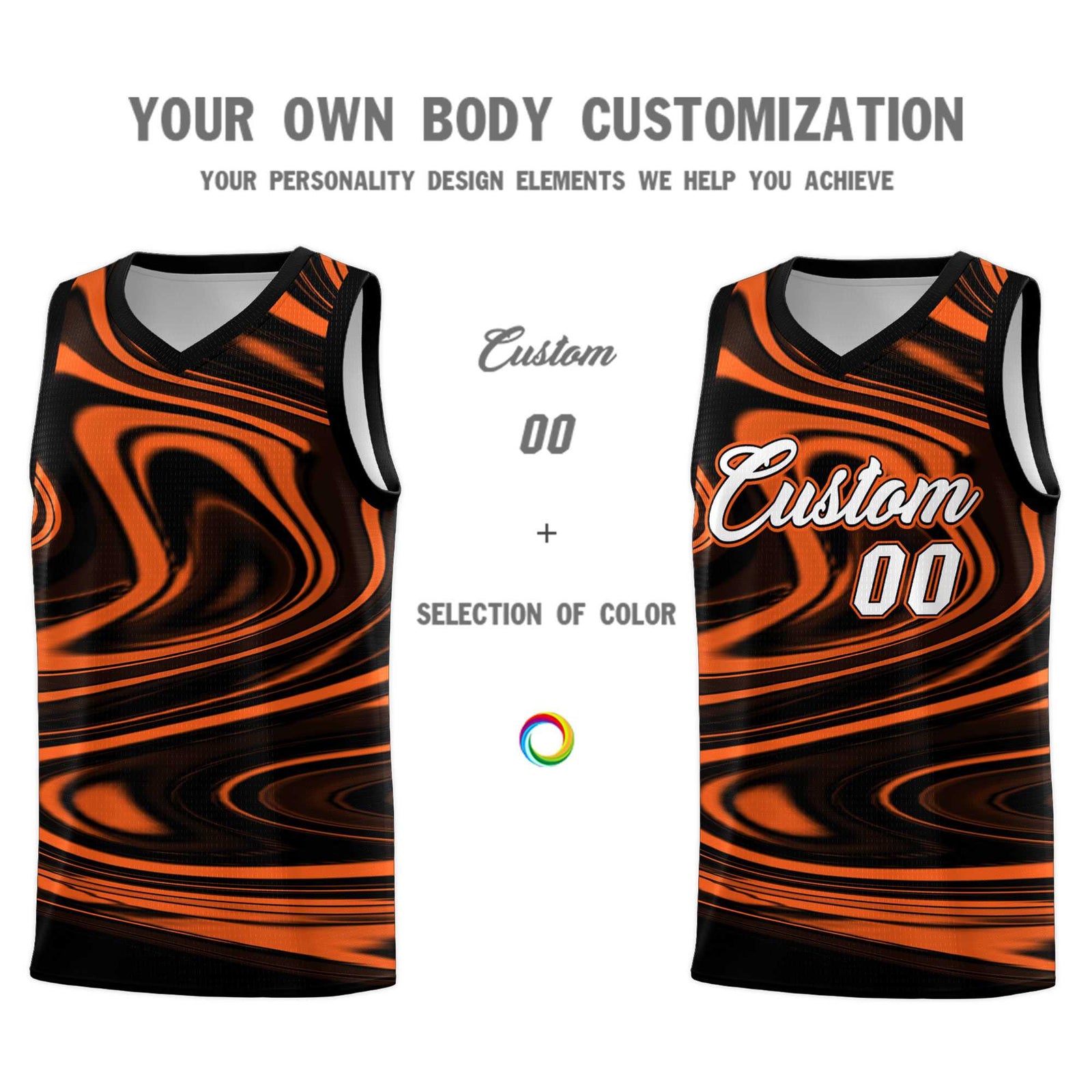 Custom Black Orange Graffiti Pattern Fluids Style Sports Uniform Basketball Jersey Sets