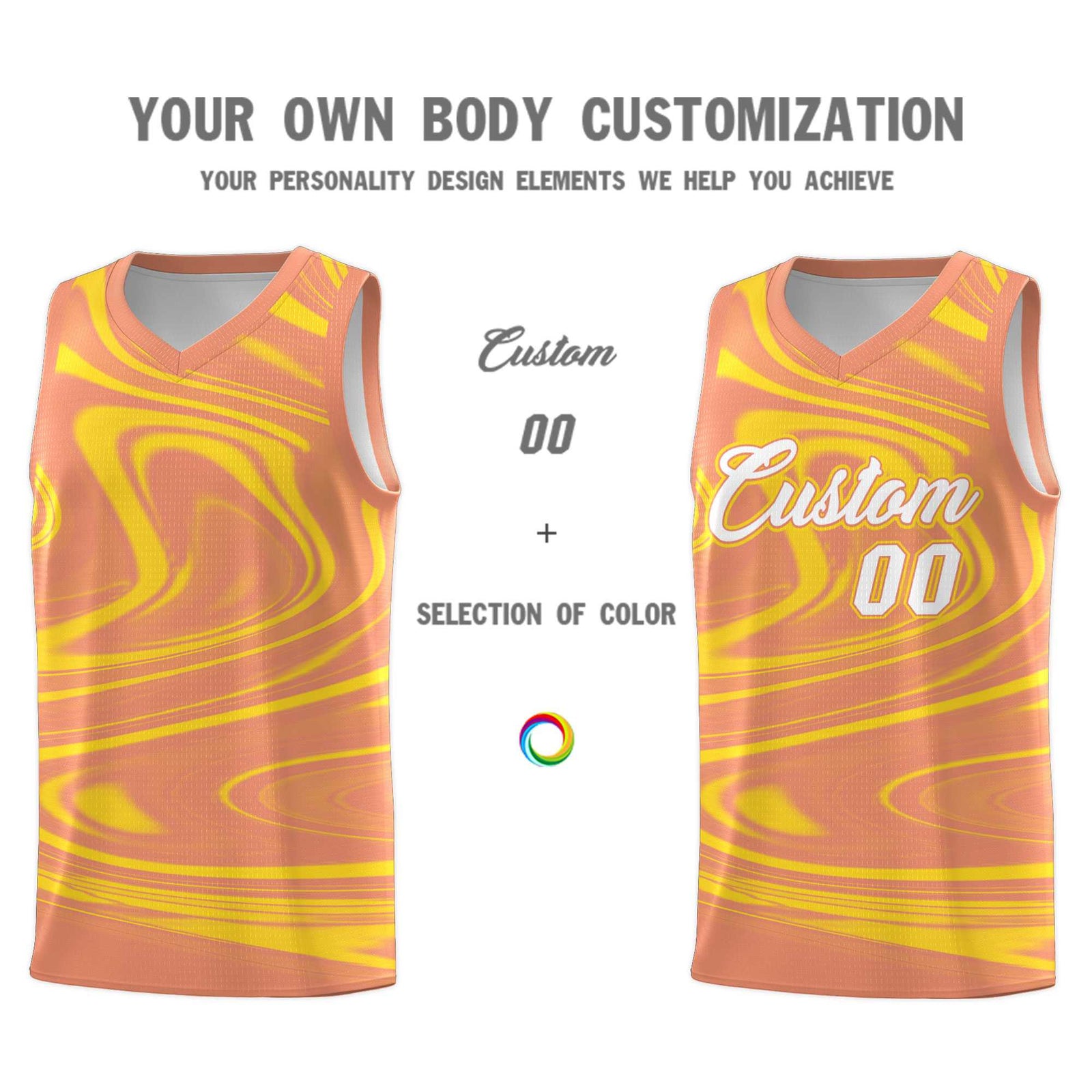 Custom Light Orange Gold Graffiti Pattern Fluids Style Sports Uniform Basketball Jersey Sets