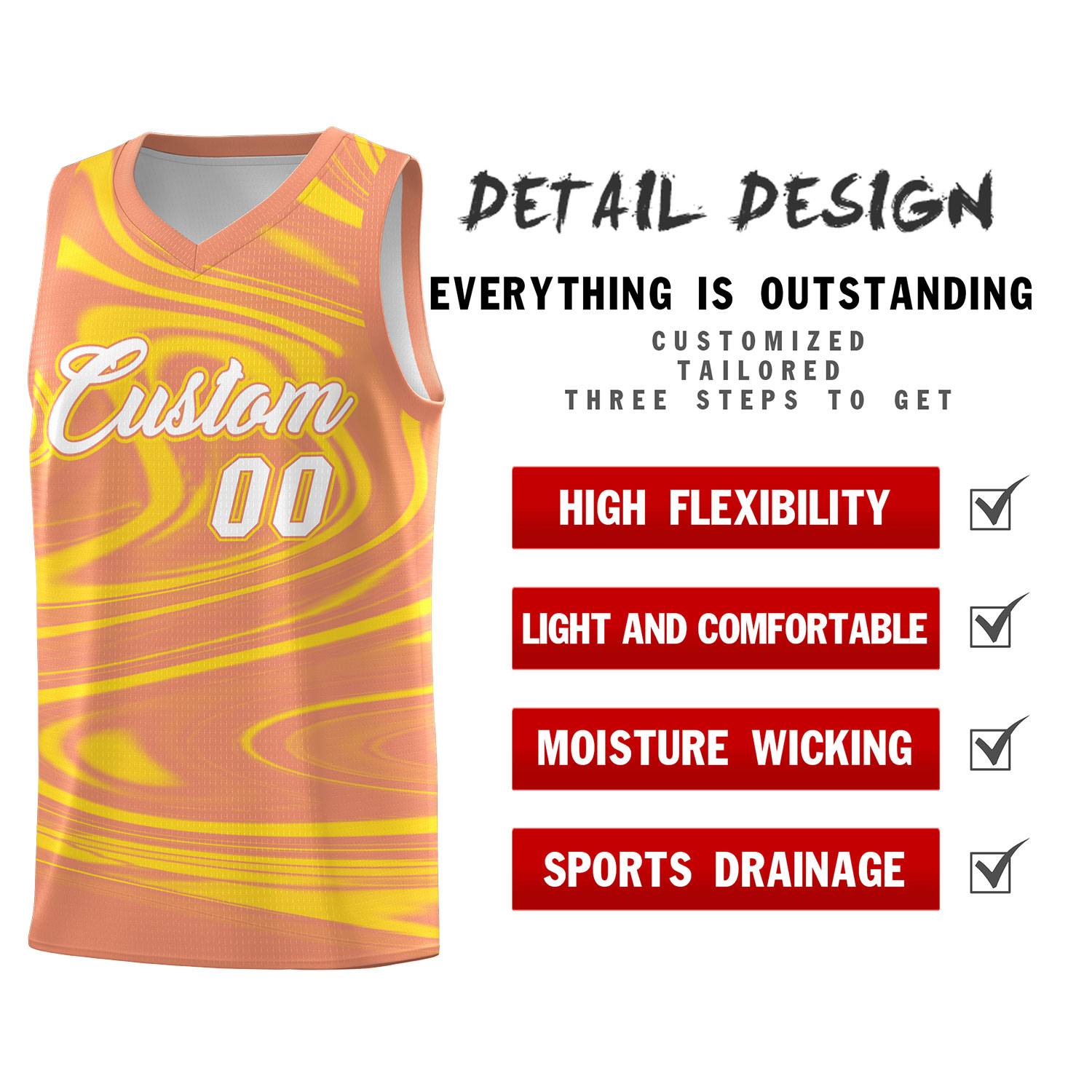 Custom Light Orange Gold Graffiti Pattern Fluids Style Sports Uniform Basketball Jersey Sets