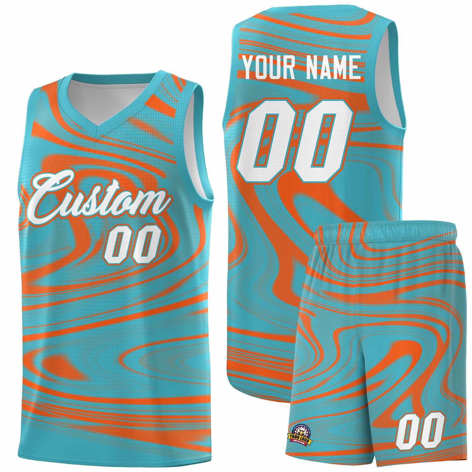 Custom Aqua Orange Graffiti Pattern Fluids Style Sports Uniform Basketball Jersey Sets