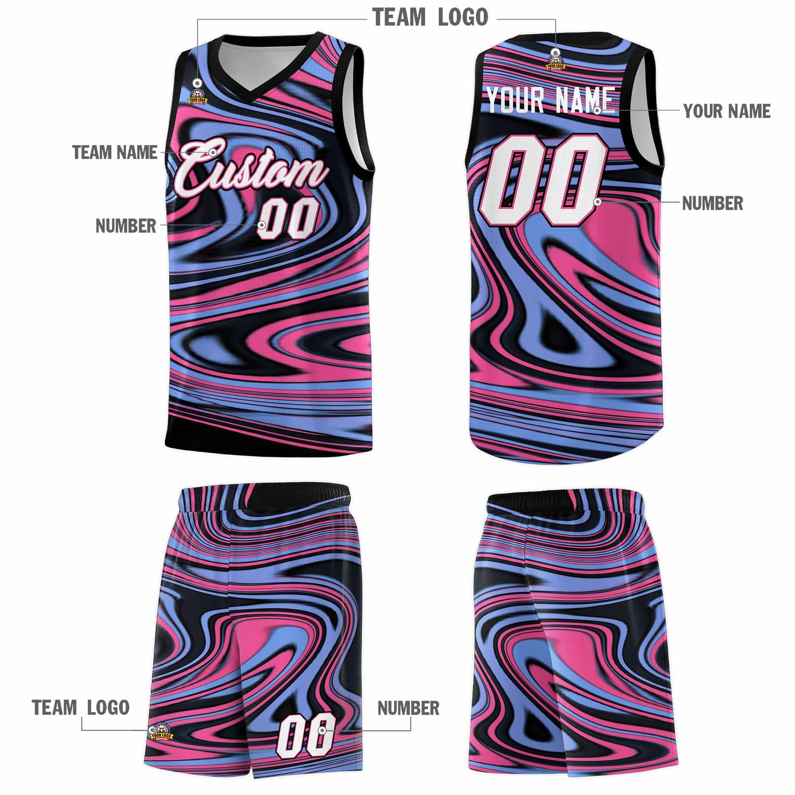 Custom Black Light Blue Graffiti Pattern Fluids Style Sports Uniform Basketball Jersey Sets