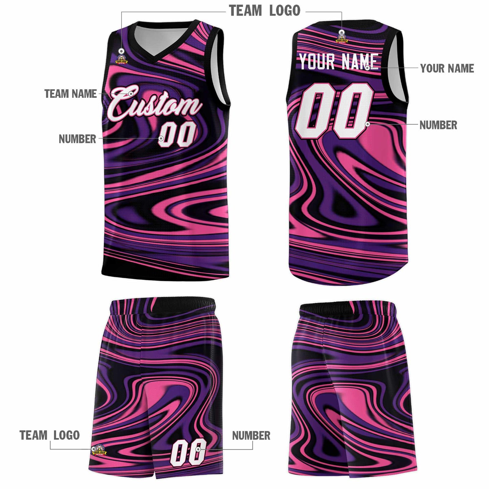 Custom Black Purple Graffiti Pattern Fluids Style Sports Uniform Basketball Jersey Sets