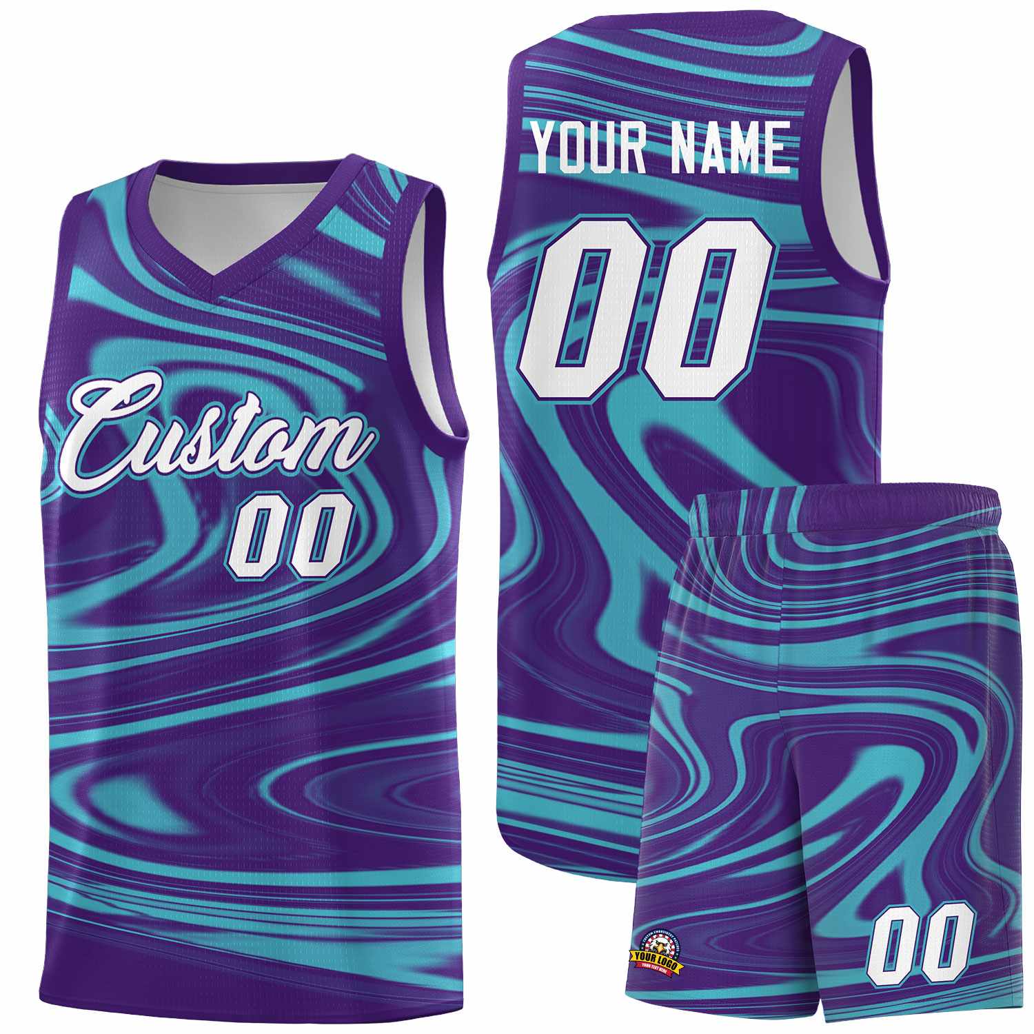 Custom Purple Aqua Graffiti Pattern Fluids Style Sports Uniform Basketball Jersey Sets