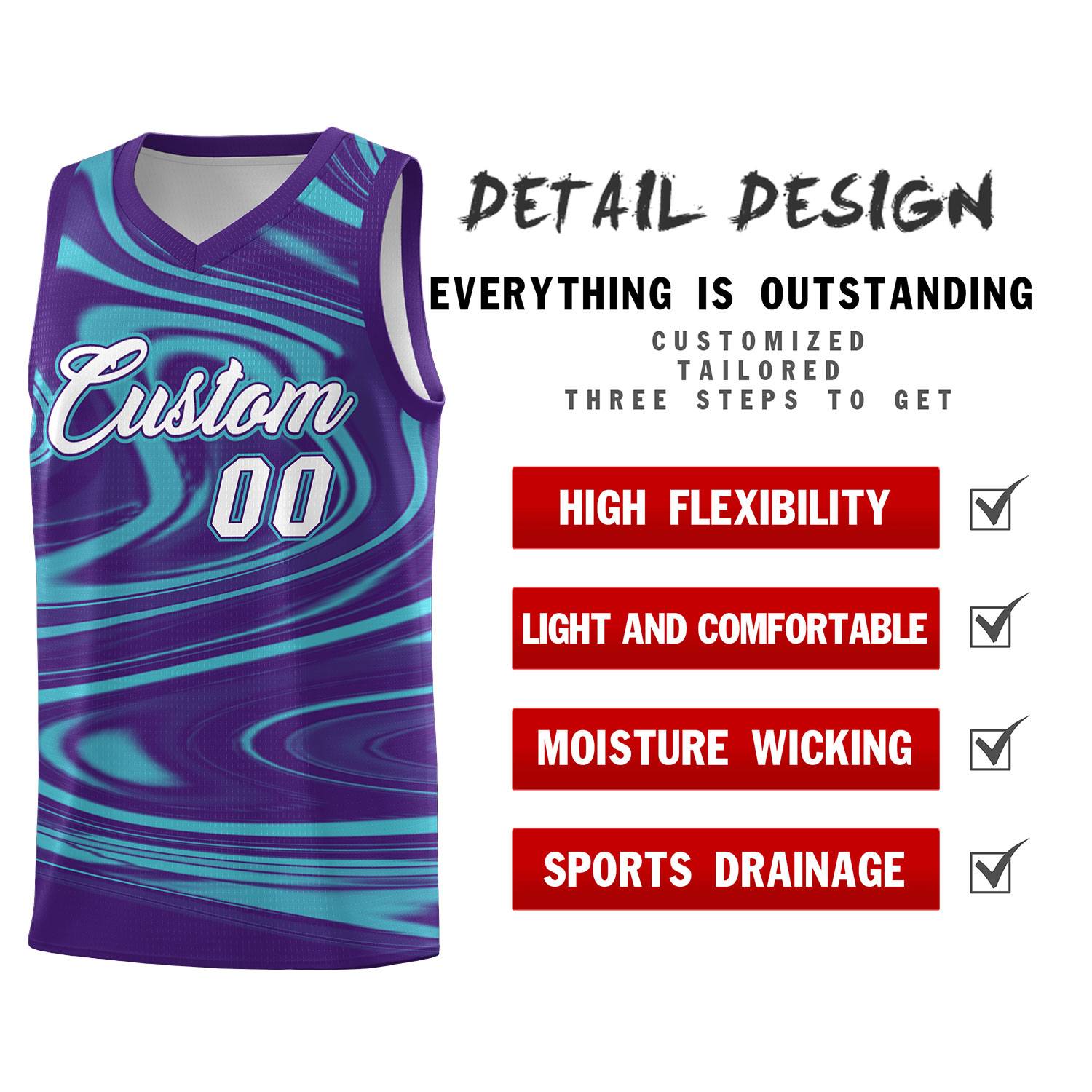 Custom Purple Aqua Graffiti Pattern Fluids Style Sports Uniform Basketball Jersey Sets