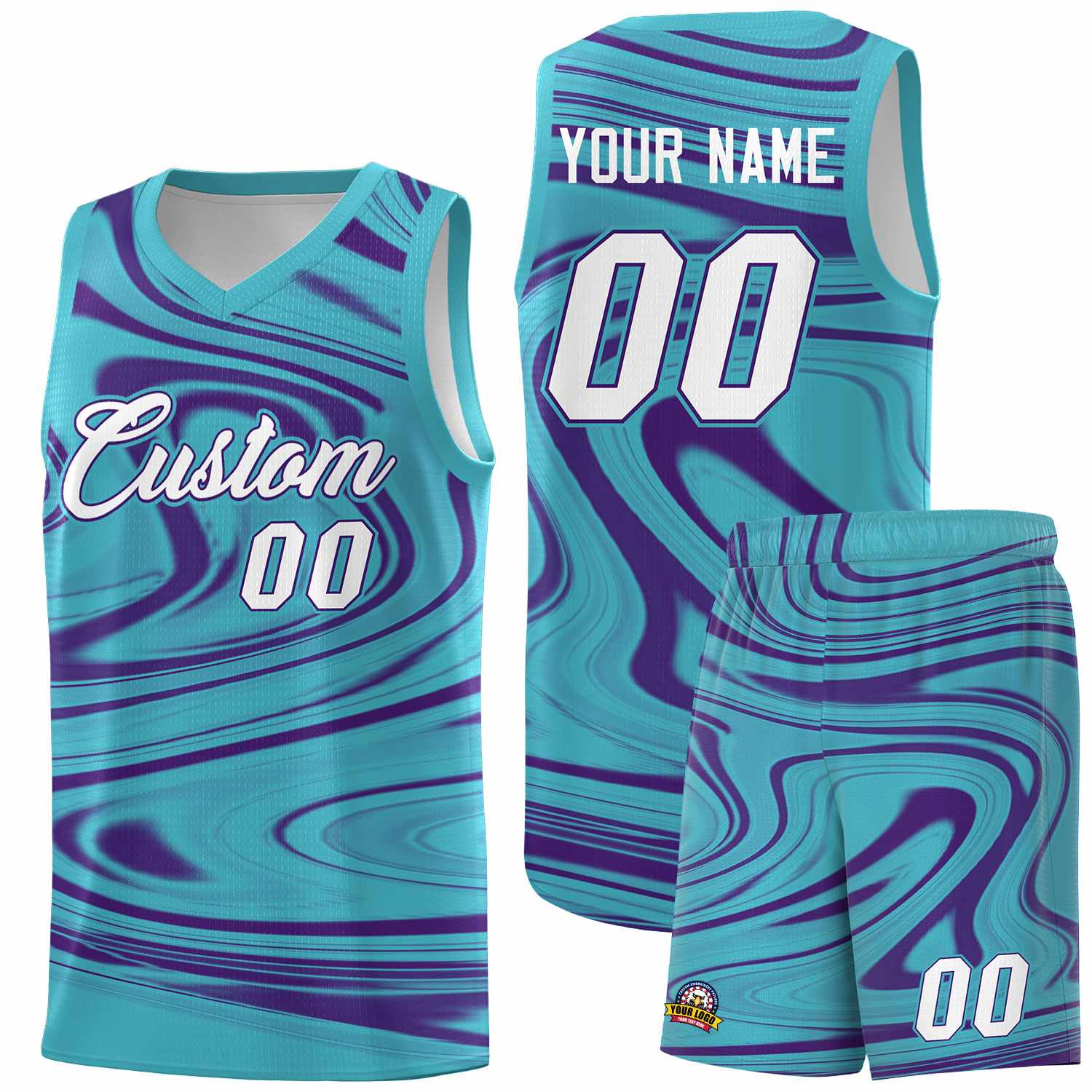 Custom Aqua Purple Graffiti Pattern Fluids Style Sports Uniform Basketball Jersey Sets