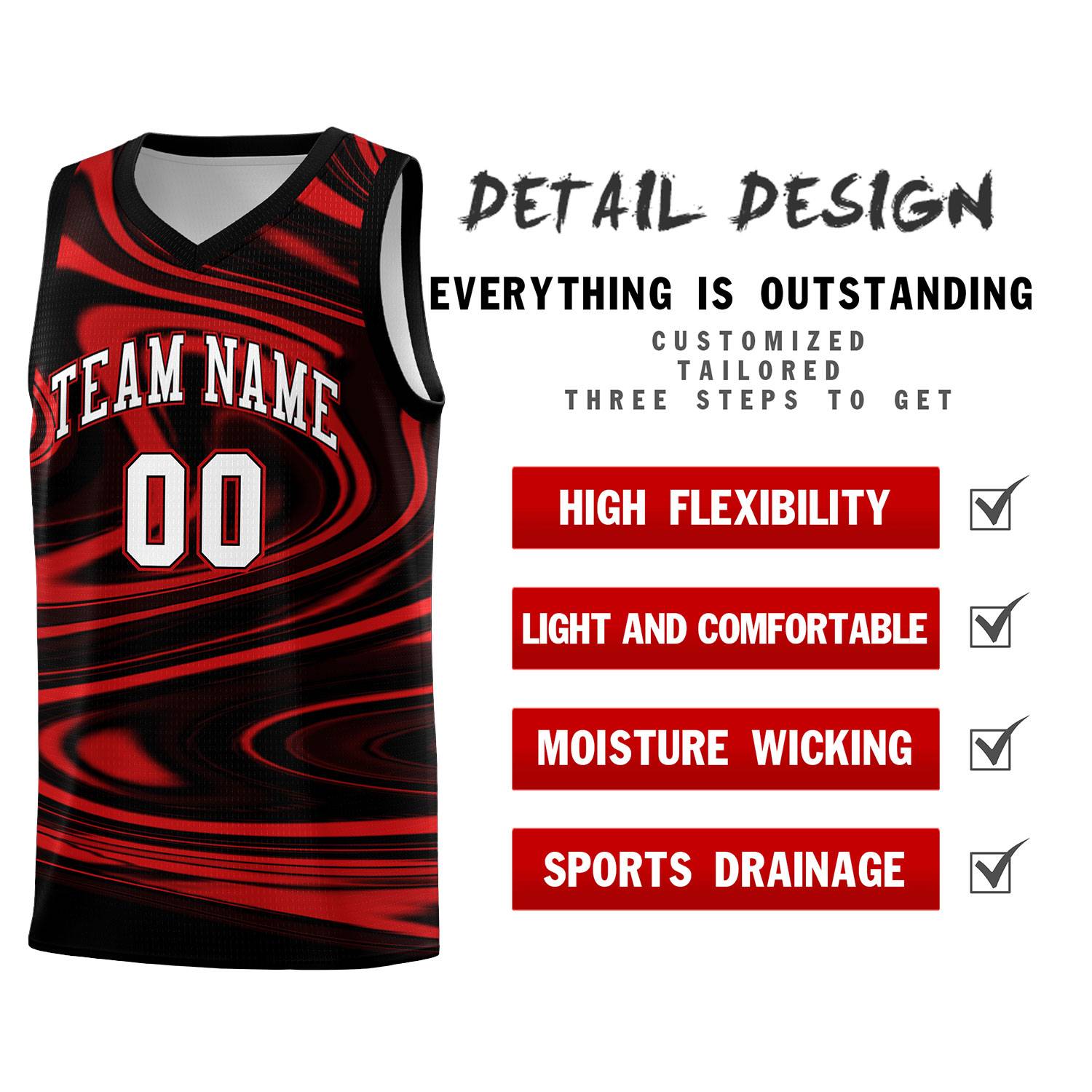 Custom Black Red Graffiti Pattern Fluids Style Sports Uniform Basketball Jersey Sets