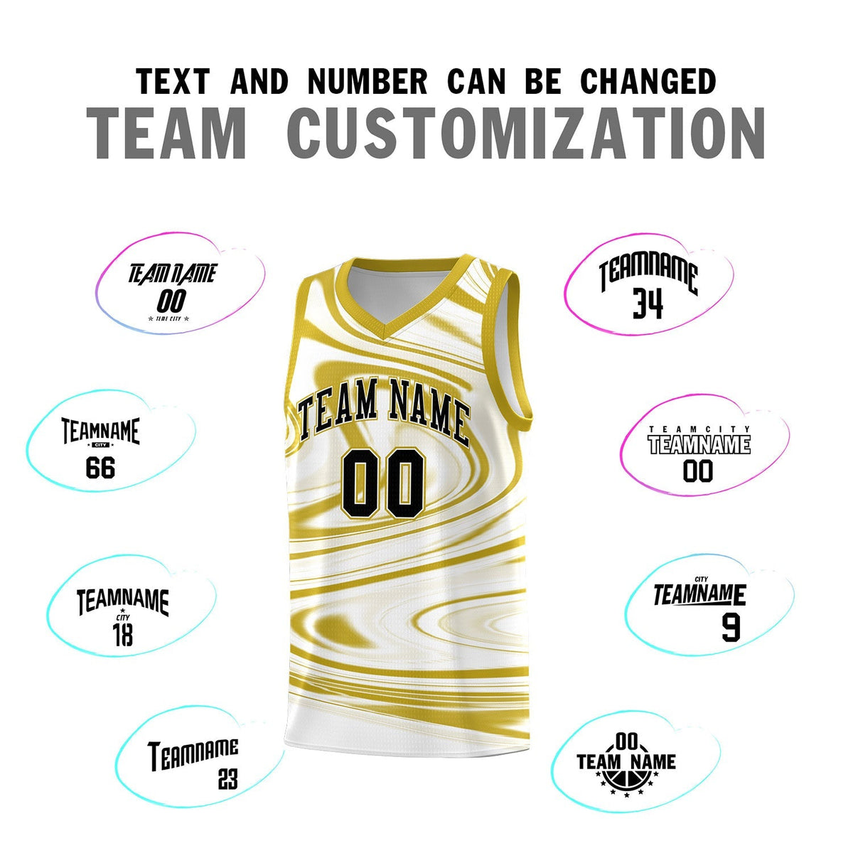 Custom White Old Gold Graffiti Pattern Fluids Style Sports Uniform Basketball Jersey Sets