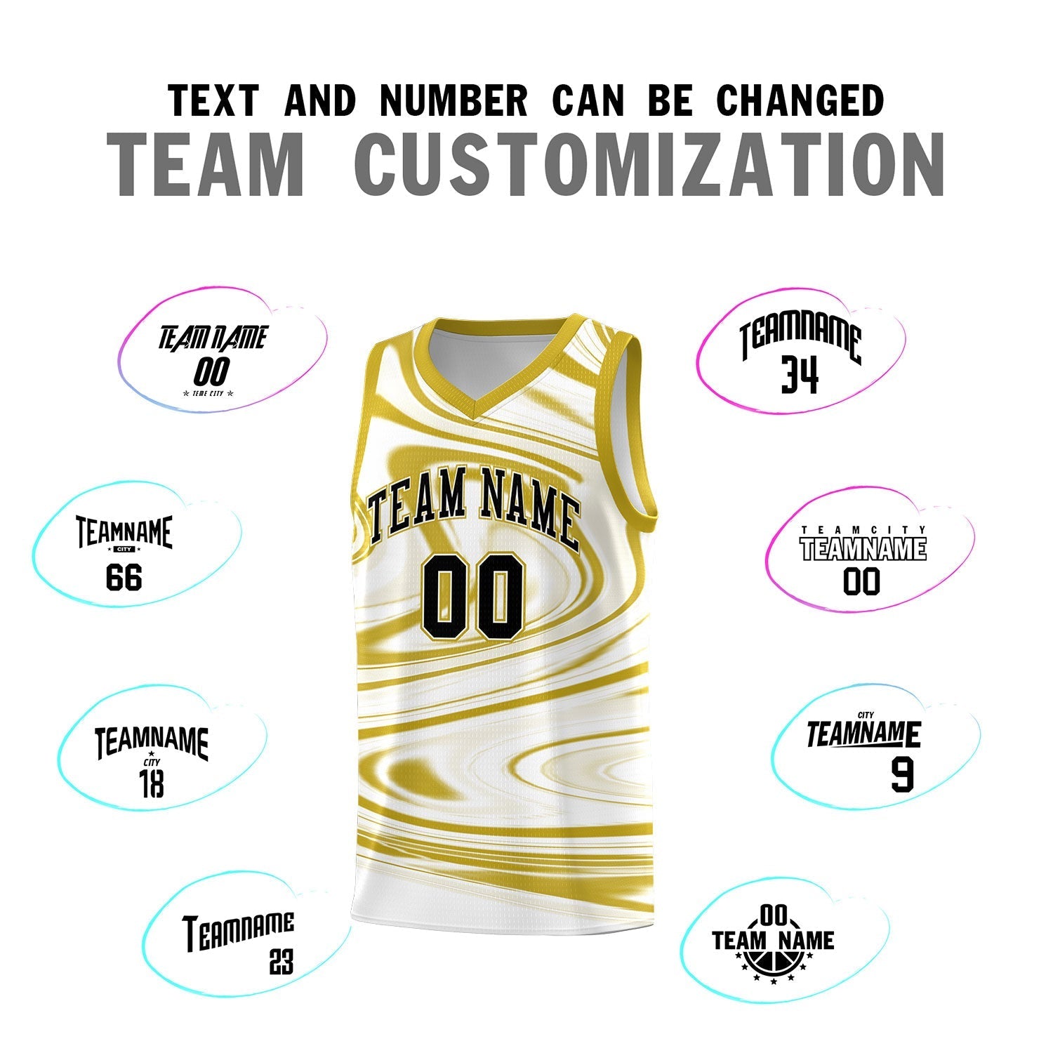 Custom White Old Gold Graffiti Pattern Fluids Style Sports Uniform Basketball Jersey Sets