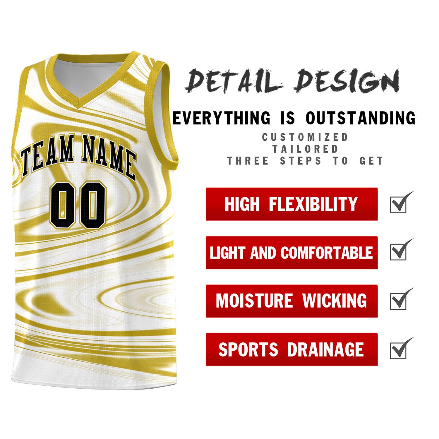 Custom White Old Gold Graffiti Pattern Fluids Style Sports Uniform Basketball Jersey Sets