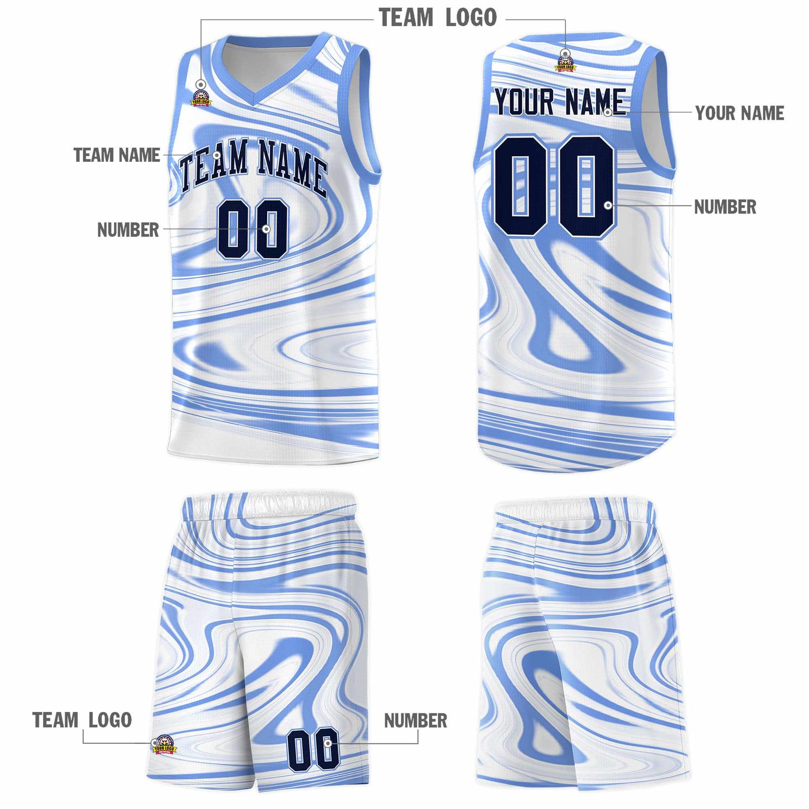 Custom White Light Blue Graffiti Pattern Fluids Style Sports Uniform Basketball Jersey Sets