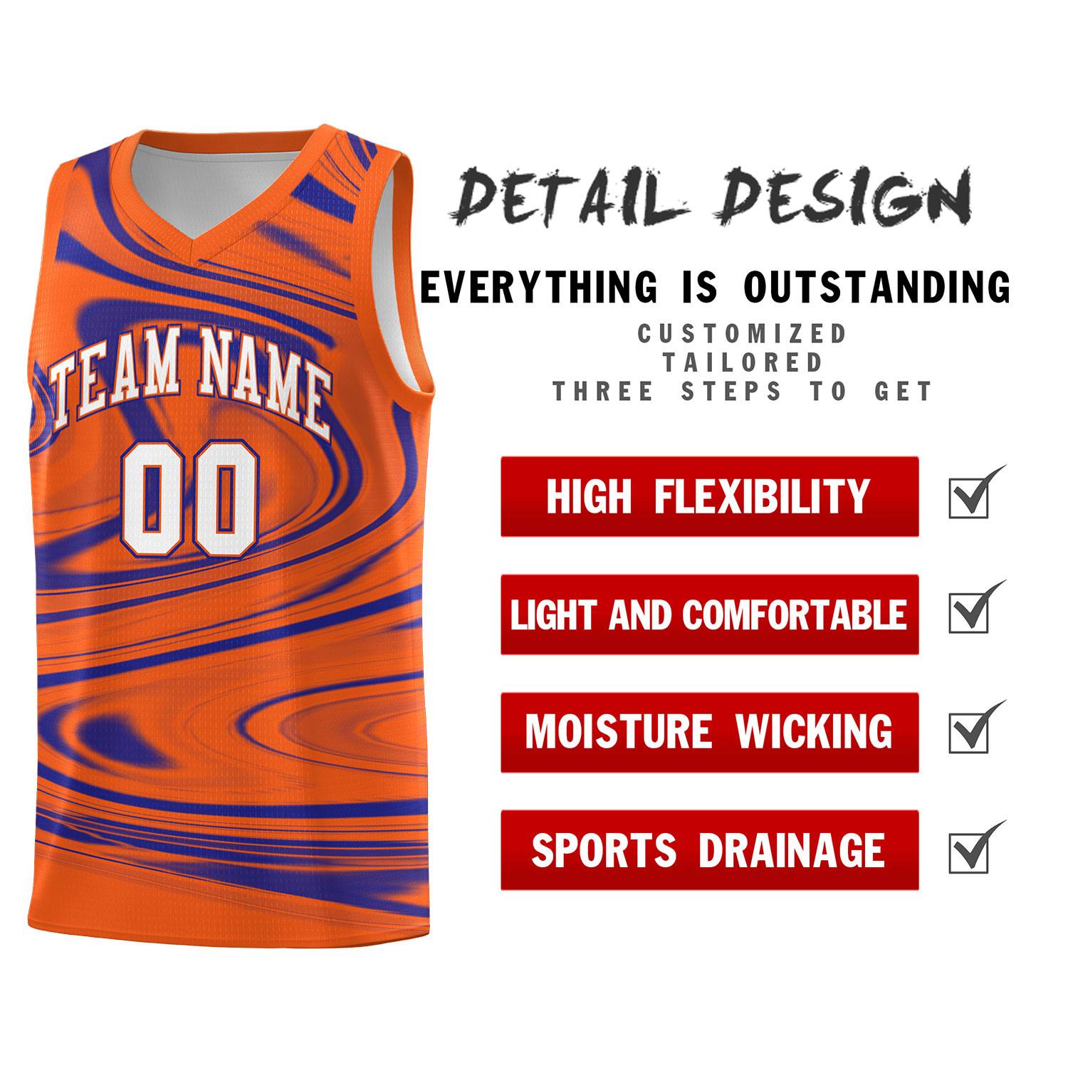 Custom Orange Royal Graffiti Pattern Fluids Style Sports Uniform Basketball Jersey Sets