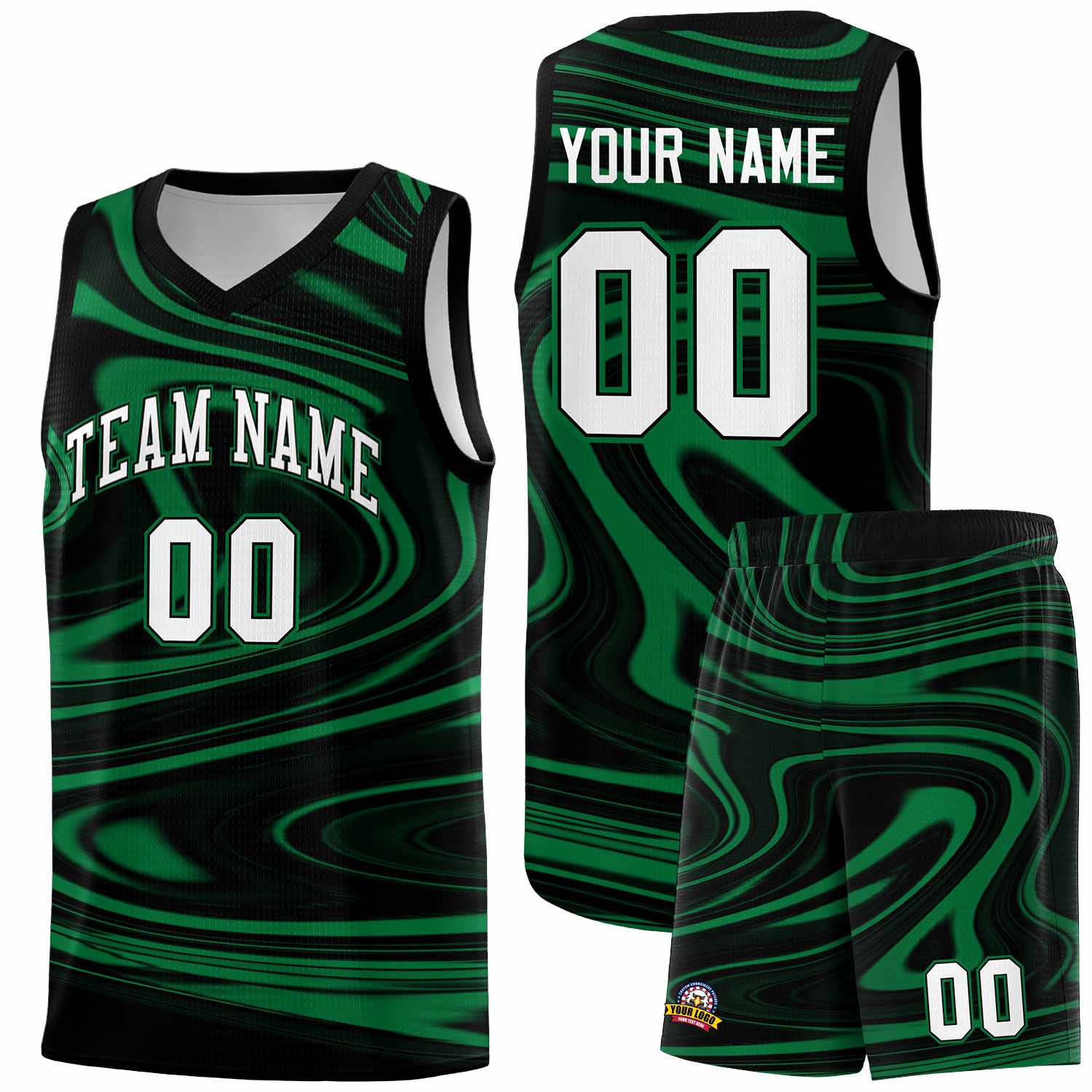 Custom Black Kelly Green Graffiti Pattern Fluids Style Sports Uniform Basketball Jersey Sets