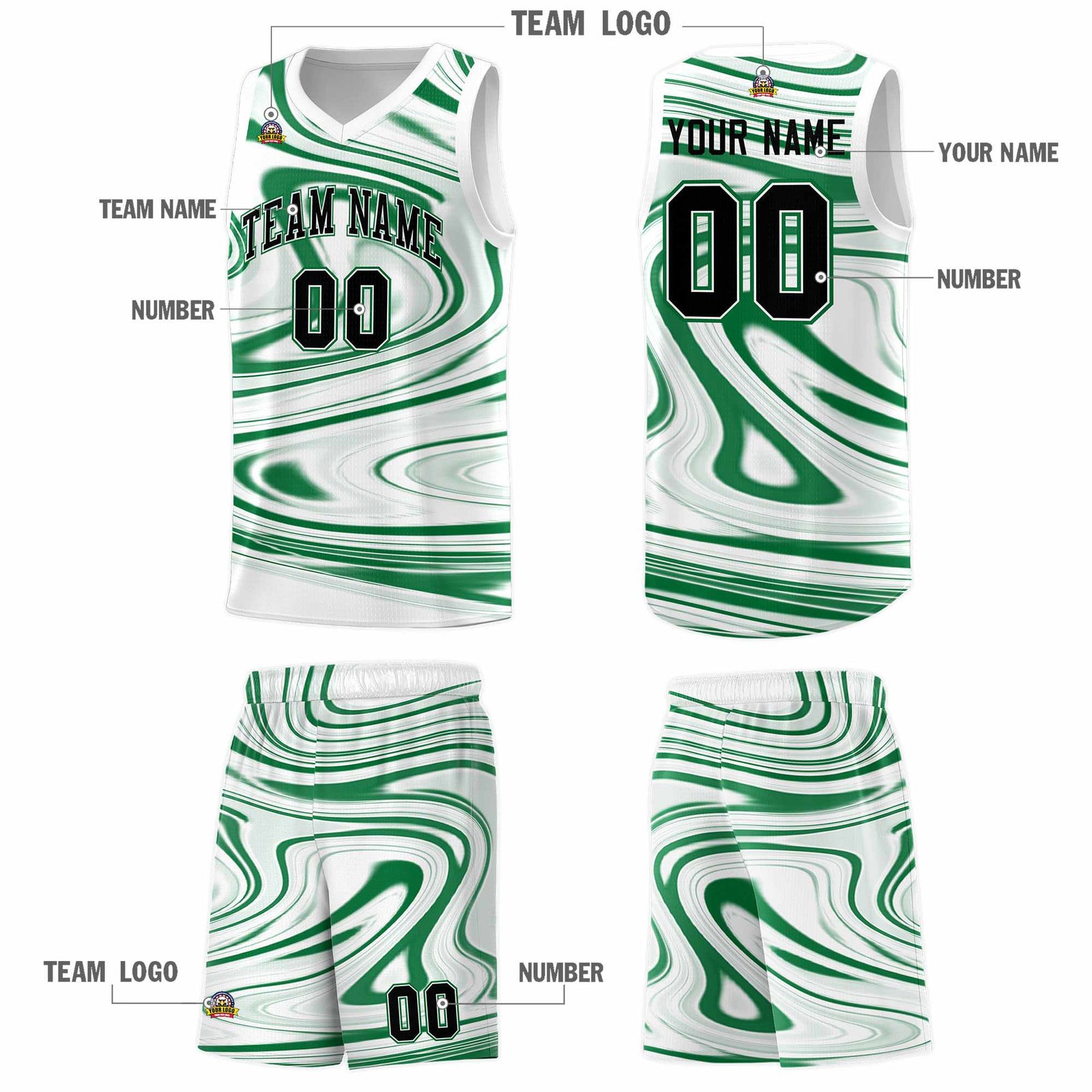 Custom White Kelly Green Graffiti Pattern Fluids Style Sports Uniform Basketball Jersey Sets