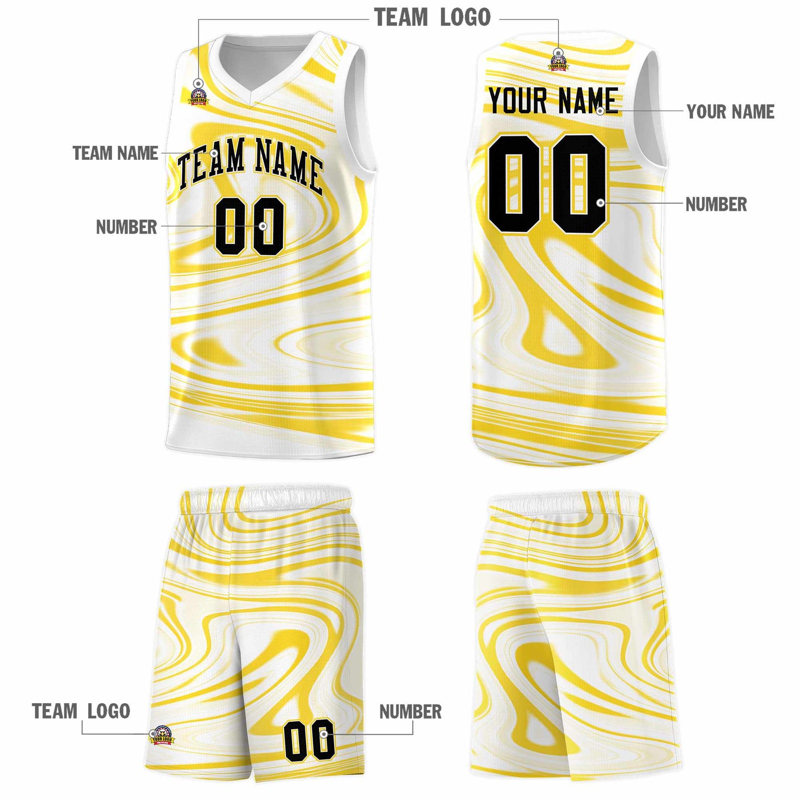 Custom White Gold Graffiti Pattern Fluids Style Sports Uniform Basketball Jersey Sets