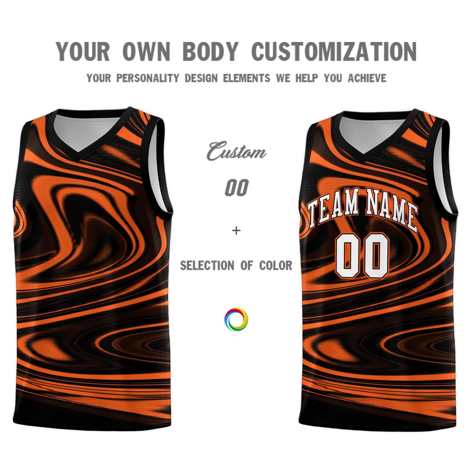 Custom Black Orange Graffiti Pattern Fluids Style Sports Uniform Basketball Jersey Sets