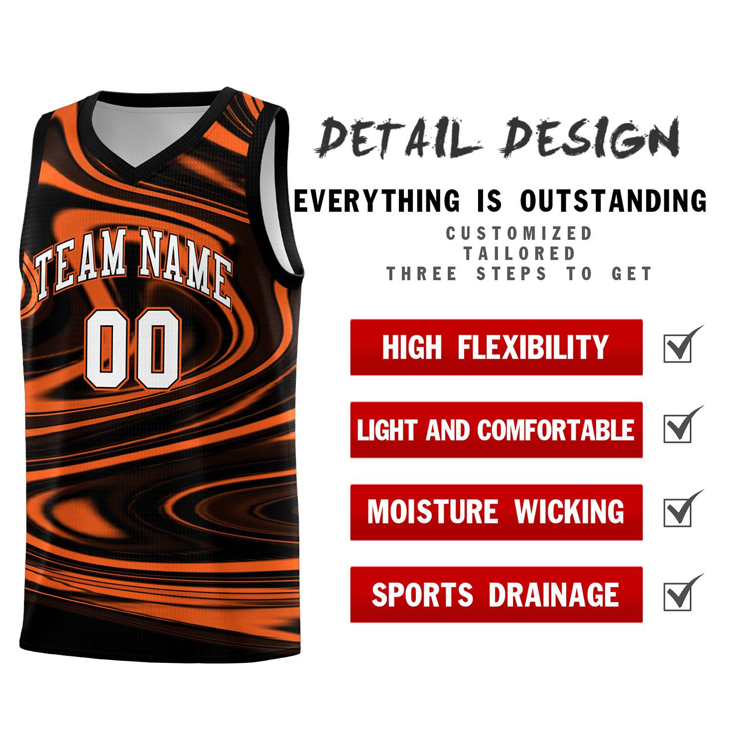 Custom Black Orange Graffiti Pattern Fluids Style Sports Uniform Basketball Jersey Sets