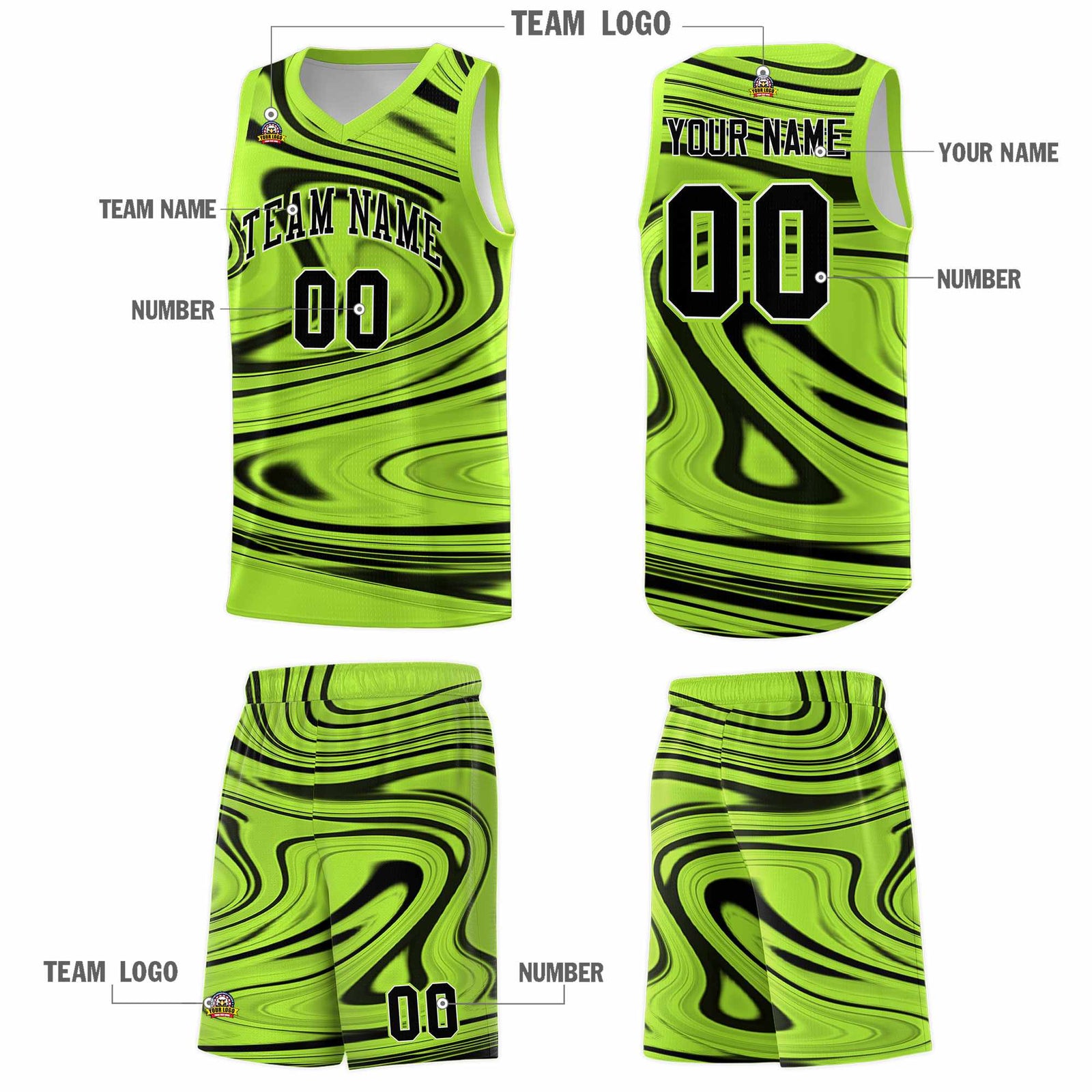 Custom Light Green Black Graffiti Pattern Fluids Style Sports Uniform Basketball Jersey Sets