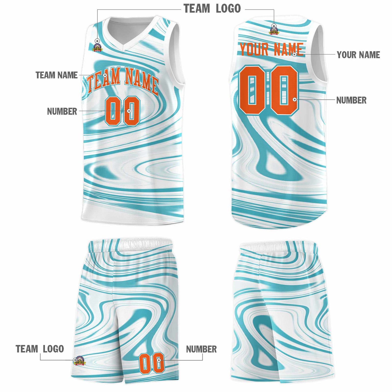 Custom White Aqua Graffiti Pattern Fluids Style Sports Uniform Basketball Jersey Sets
