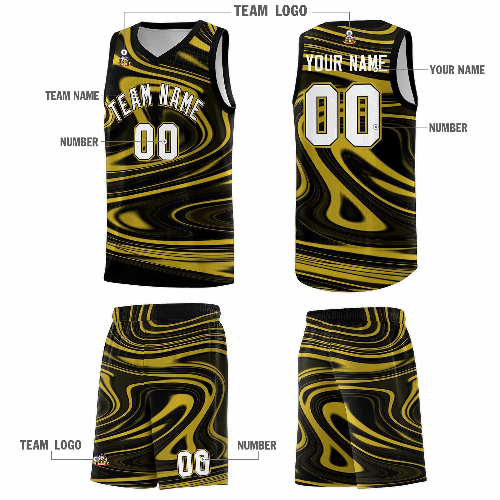 Custom Black Old Gold Graffiti Pattern Fluids Style Sports Uniform Basketball Jersey Sets