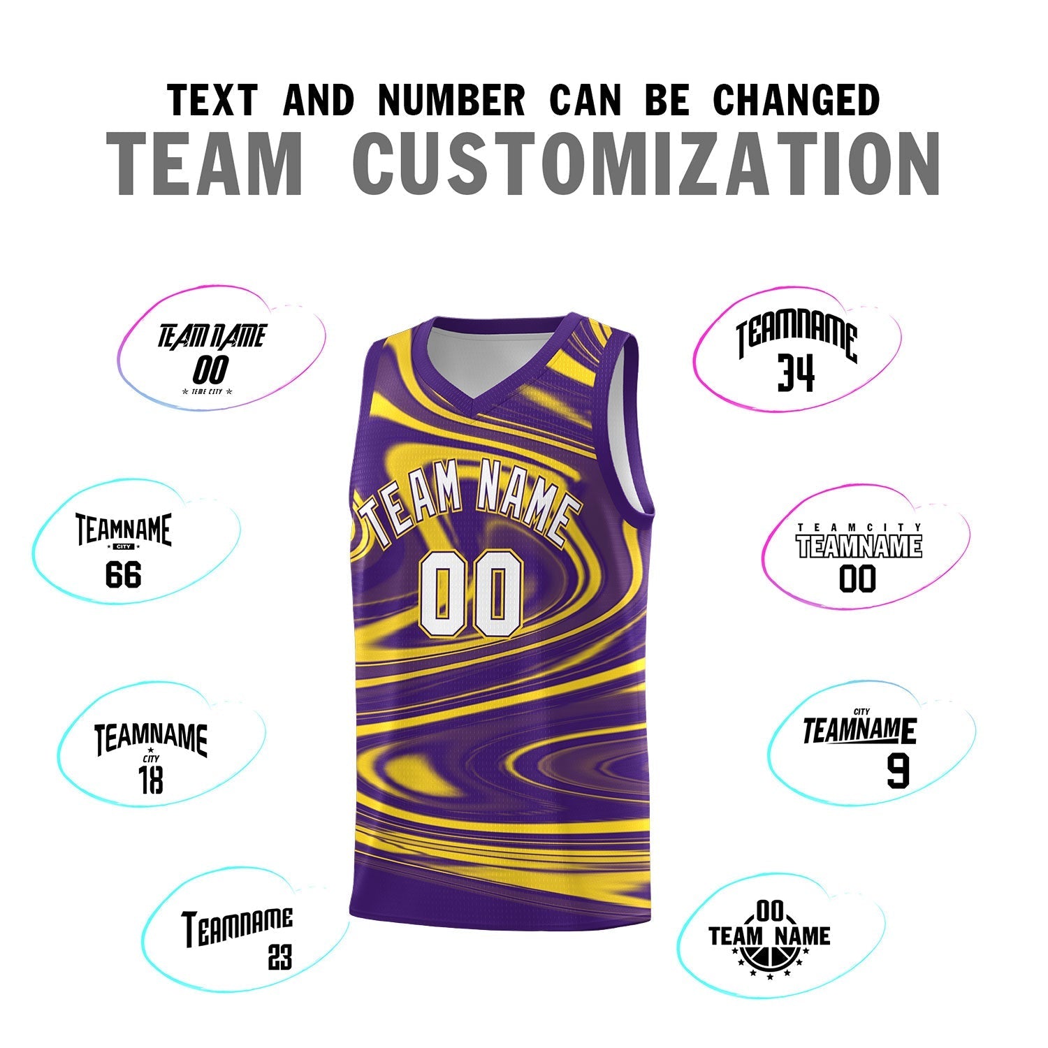 Custom Purple Gold Graffiti Pattern Fluids Style Sports Uniform Basketball Jersey Sets