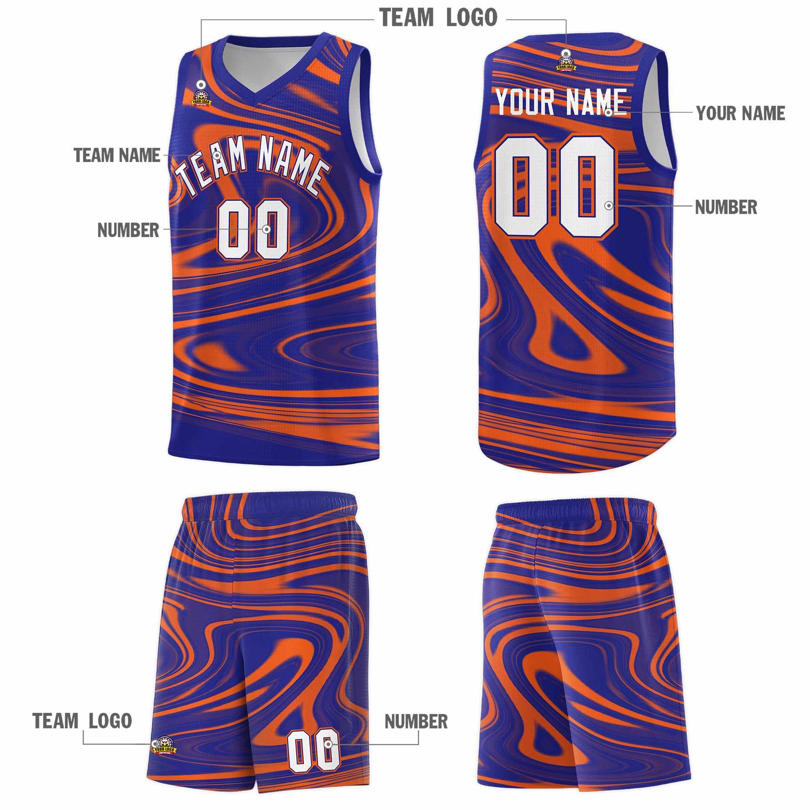 Custom Royal Orange Graffiti Pattern Fluids Style Sports Uniform Basketball Jersey Sets